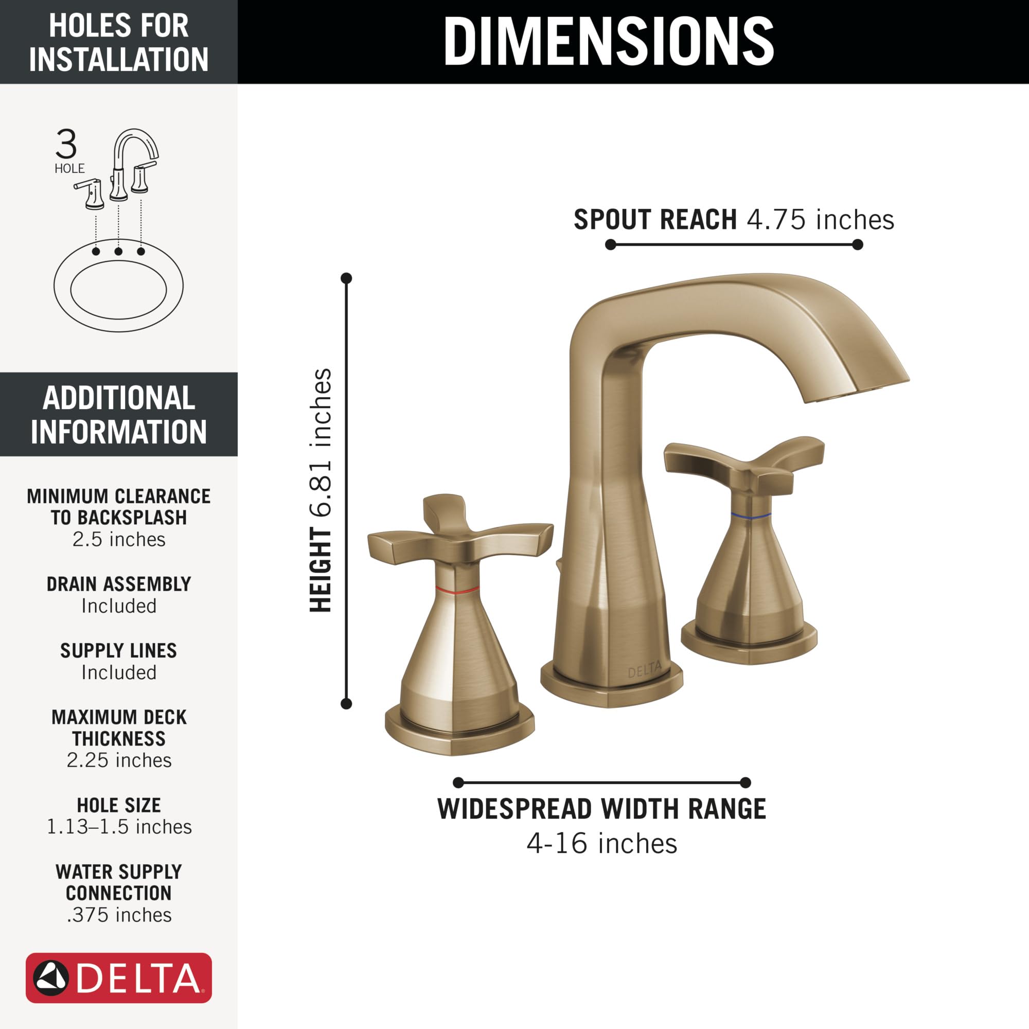 Delta Faucet Stryke Widespread Bathroom Faucet 3 Hole, Gold