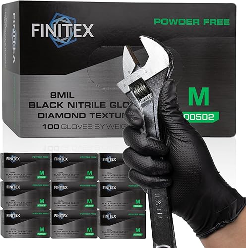 Vista 11 de FINITEX Industrial Diamond Texture Nitrile Black Glove - 100/1000PCS Chemical Resistant 8mil Mechanic Disposable Gloves