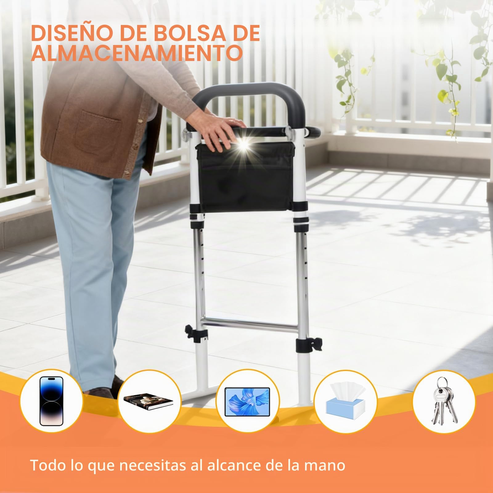 Ayuda para Levantarse y Sentarse, Soporte de Ayuda para Levantarse para Personas Mayores con Luz con Sensor y Bolsa, 5 Niveles Ajustable 75–91cm, Soporta 136 kg, para Inodoro, Sofá, Escaleras