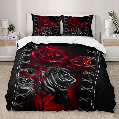 Miniatura 13 de AILONEN Juego de funda de edredón de rosa roja, tamaño King, juego de ropa de cama de delfín estrellado azul, funda de edredón romántica de San