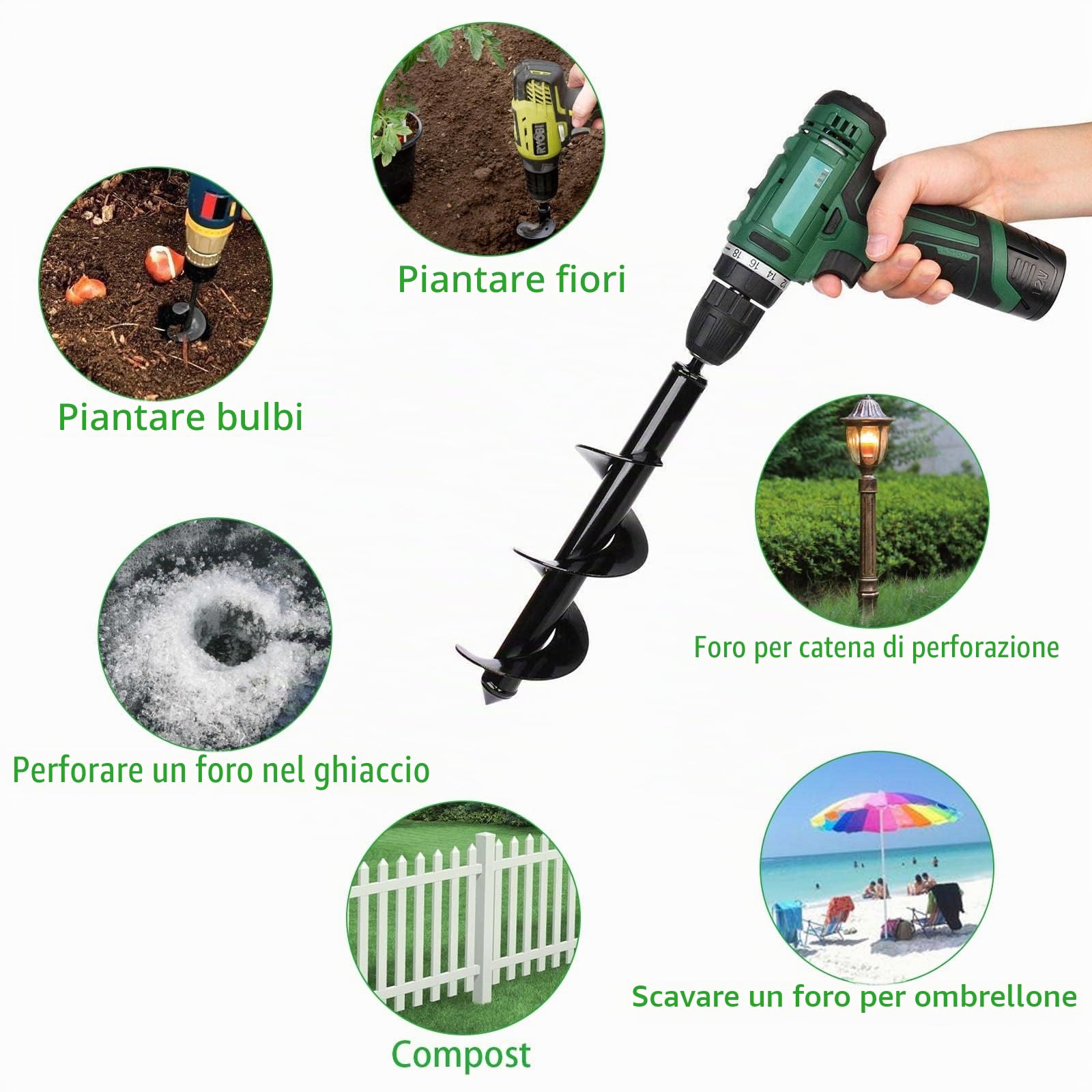 SENENQU 3 Pezzi Trivella per Avvitatore, Trivella Trapano da Giardino in Acciaio, Punte a Spirale 4 e 8 cm con Guanti, per Bulbi, Piante, Terreno Morbido e Aiule