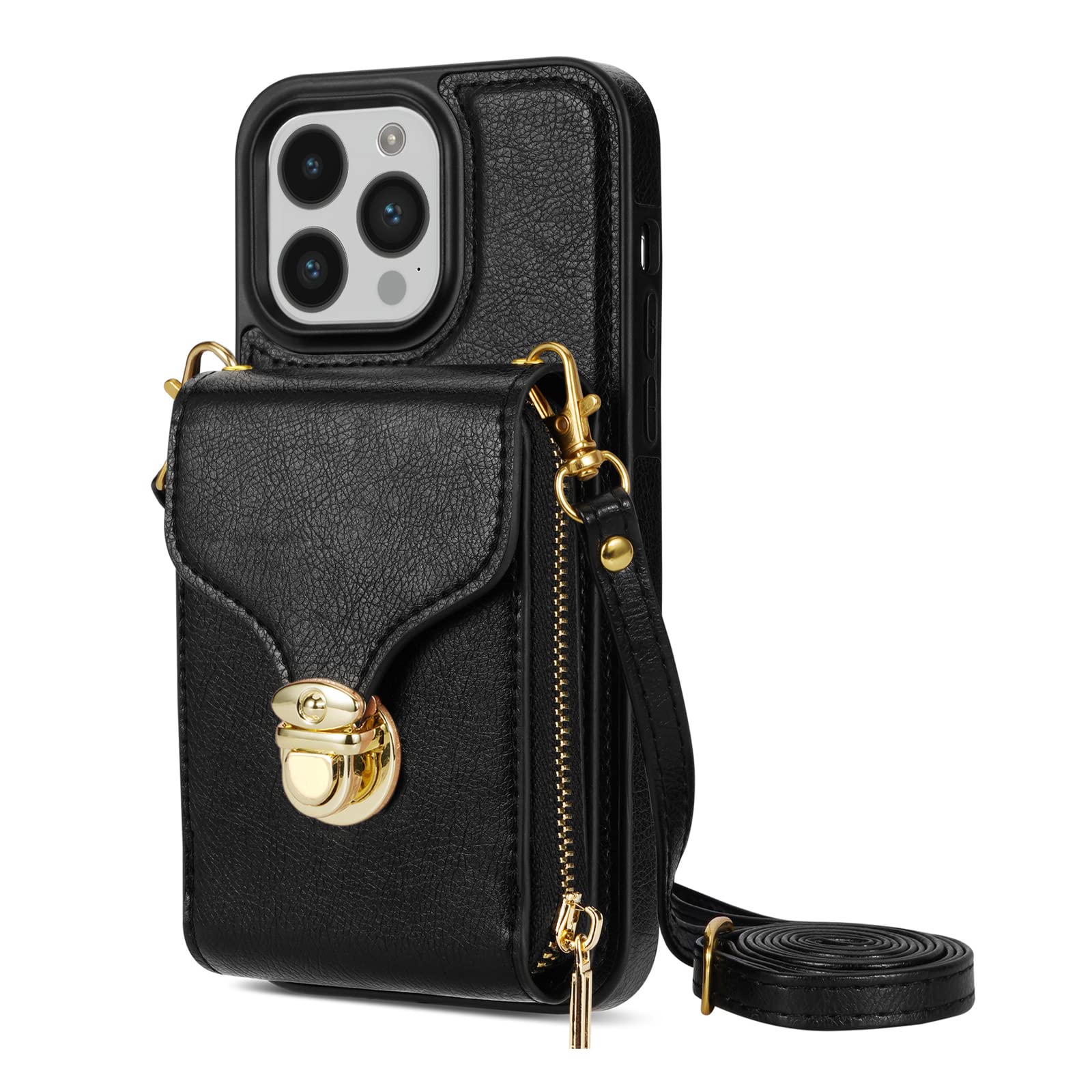 Coque iPhone 15 étui portefeuille cuir PU noir anti-choc avec aimant