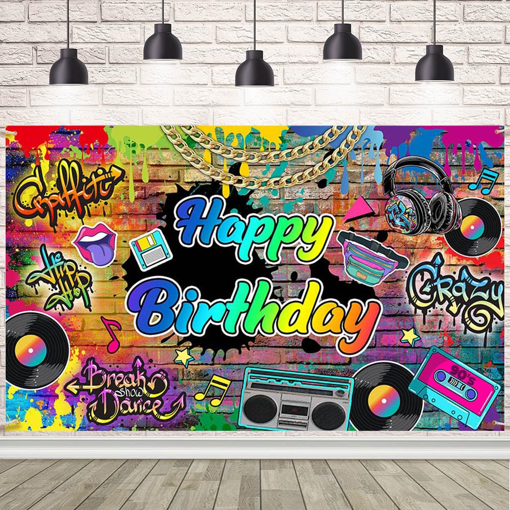 AIBIIN 90's Backdrop Hip Hop Birthday Party Backdrop Throwback Retro Birthday Banner Decor Graffiti 90's Birthday Party Cake Table Decoration Banner