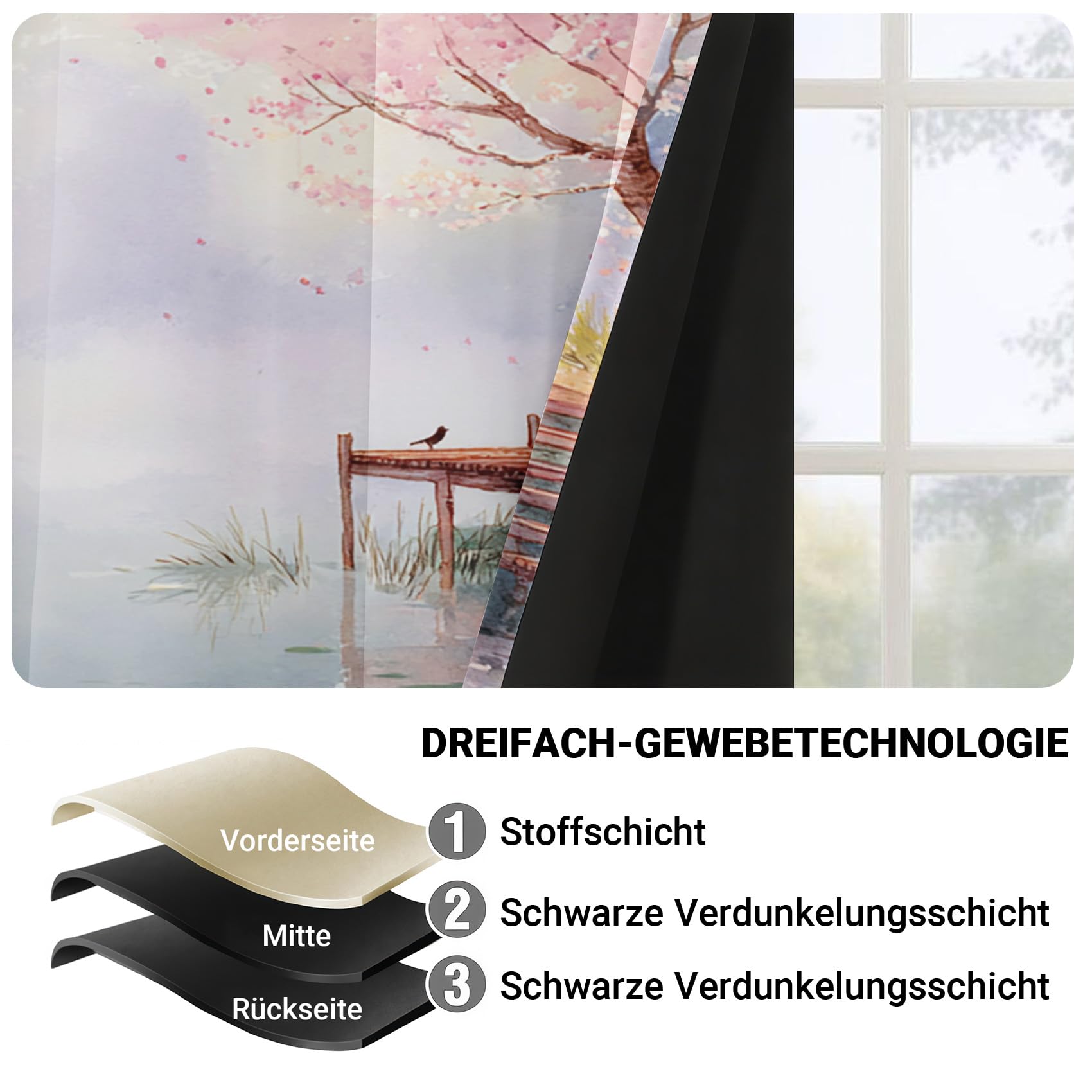 Generisch See Haus Vorhänge Aquarell Blume Vorhang Blickdicht, Gardinen mit Ösen 2er Set, Thermovorhang für Wohnzimmer Schlafzimmer Fenster Deko H 200 x B 85 cm K369p