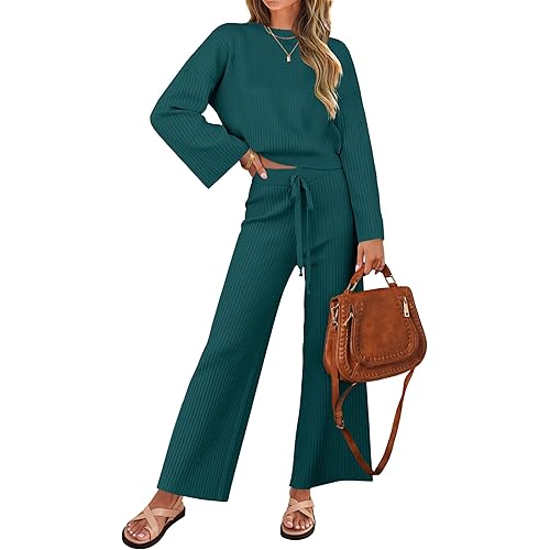 ZESICA Women's 2 Piece Outfits Set 2024 Casual Long Sleeve Knit Pullover Top and Wide Leg Pants Sweatsuit Lounge Sets