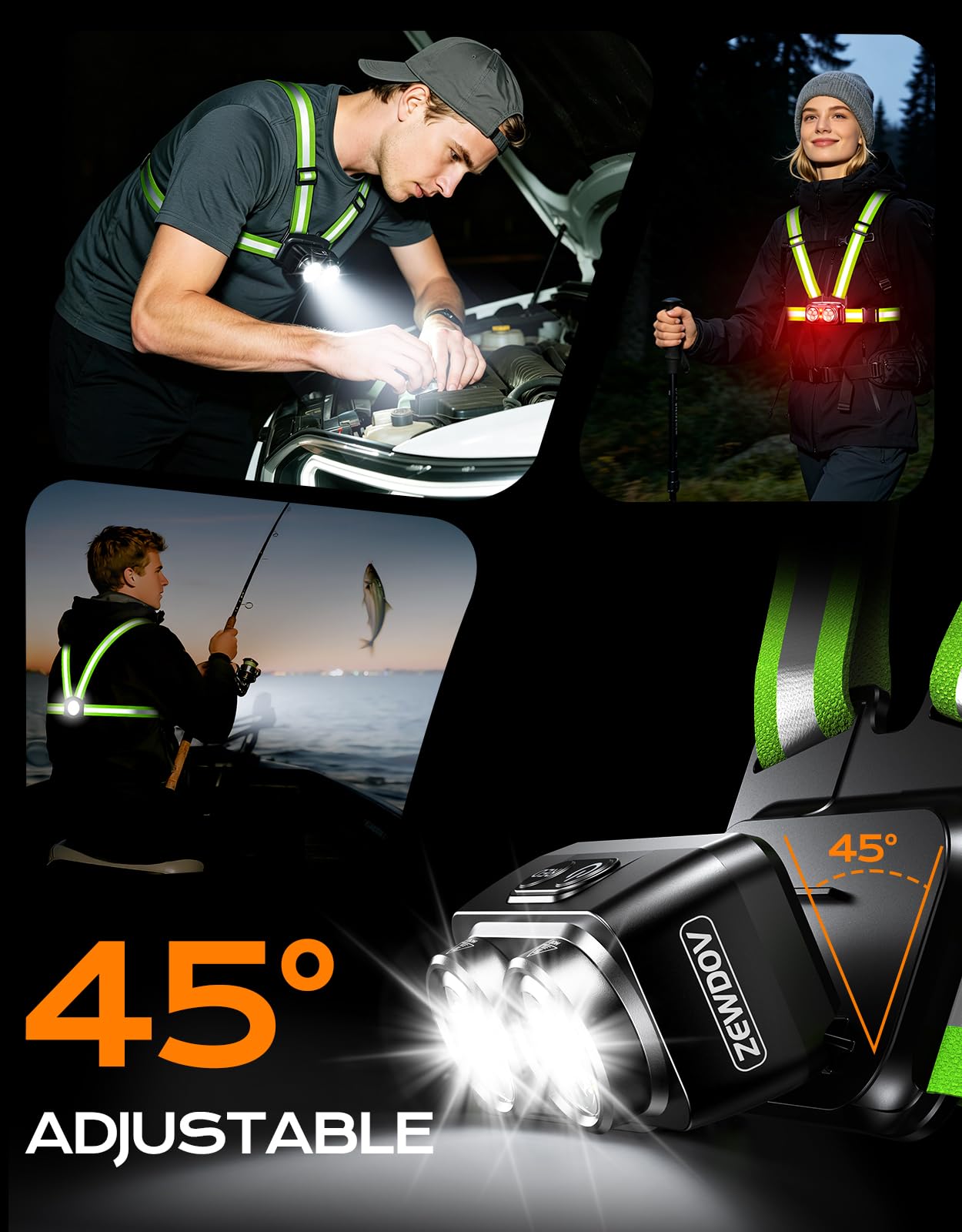 Zewdov 800LM Ultra Bright Running Lights for Runners, 7 Modes & 360° Reflective Running Gear IPX4 Waterproof 45° Adjustable Rechargeable Running Light for Walking/Hiking/Cycling/Working/Jogging