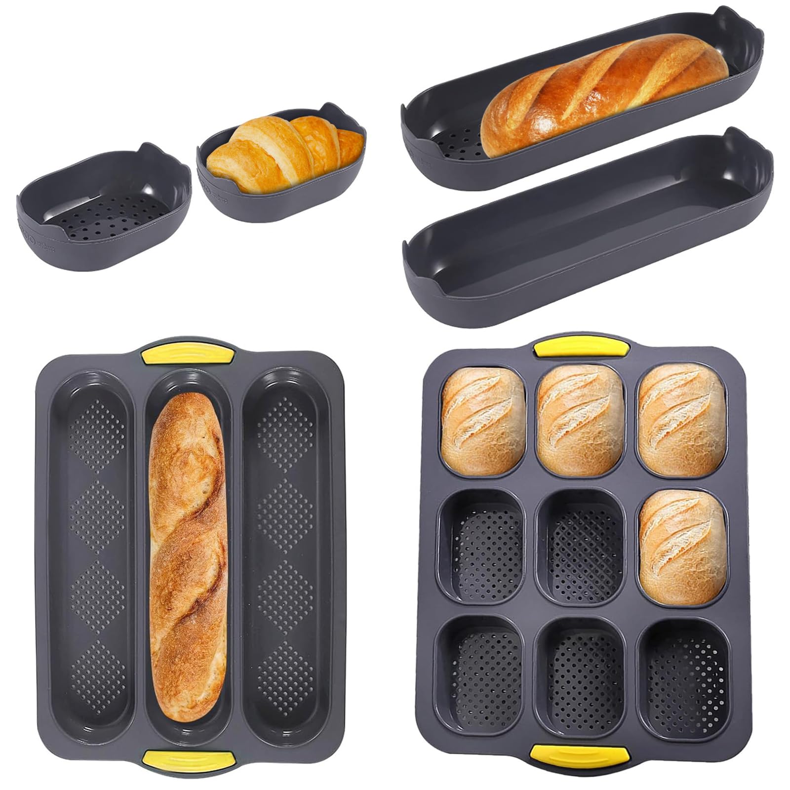 JAOGAUS Lot de 6 moules à baguettes en silicone, 3 grilles de cuisson, 9 moules à pain en silicone, anti-adhésif, perforé, pain français, bâton de pain, petits pains (gris)