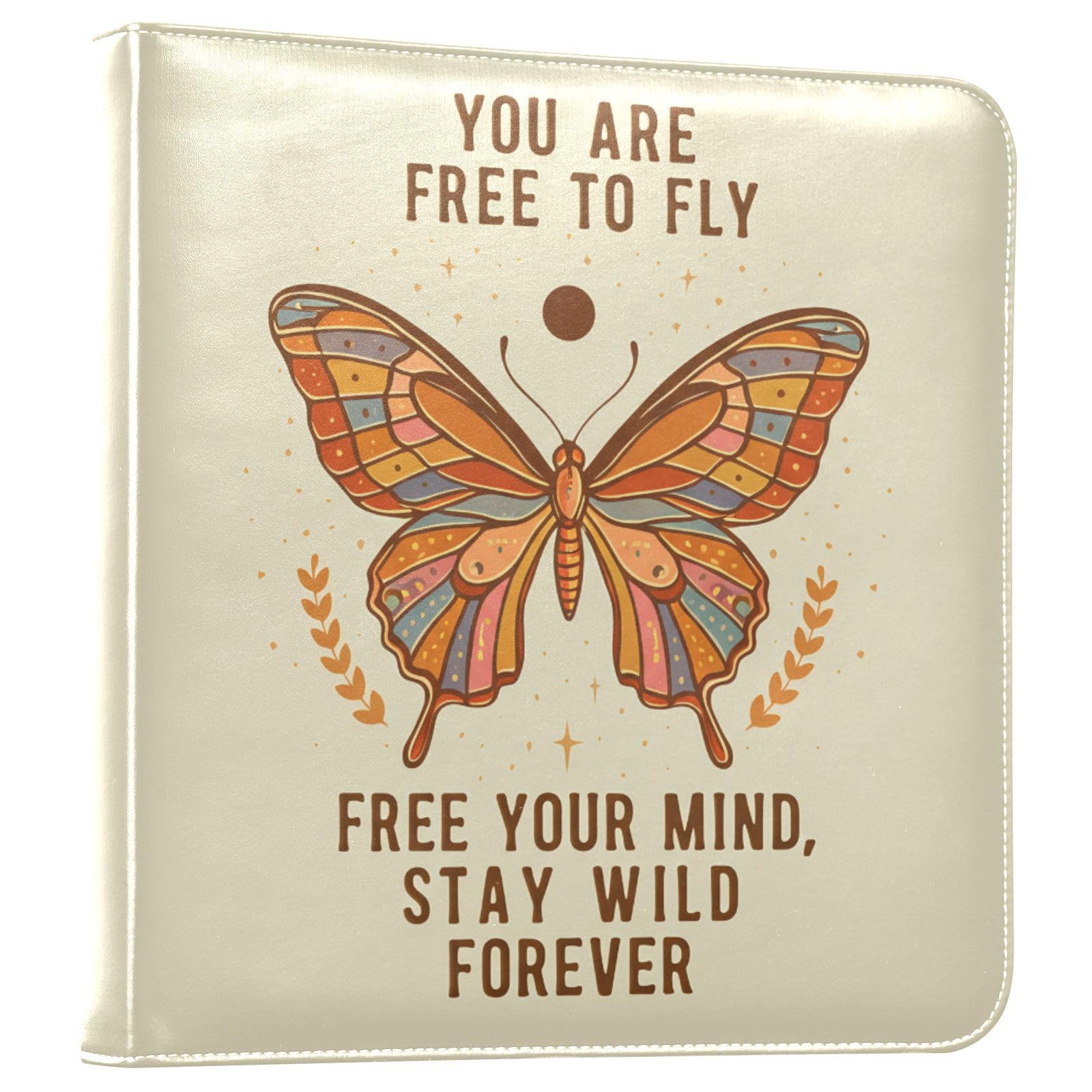 Butterfly Text Freedom Beige Leather Photo Album Self Adhesive Pages Scrapbook Album 3 Ring Binder Waterproof Photo Book for Travel Couples Girls Boys
