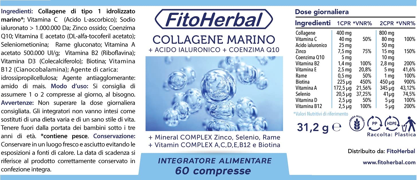 COLLAGENE MARINO CON ACIDO IALURONICO Coenzima Q10 | Compresse di Collagene Idrolizzato Potenziato con Vitamina Complex A C D E B12 Biotina Zinco Selenio Mantenimento Pelle Capelli Articolazioni Ossa
