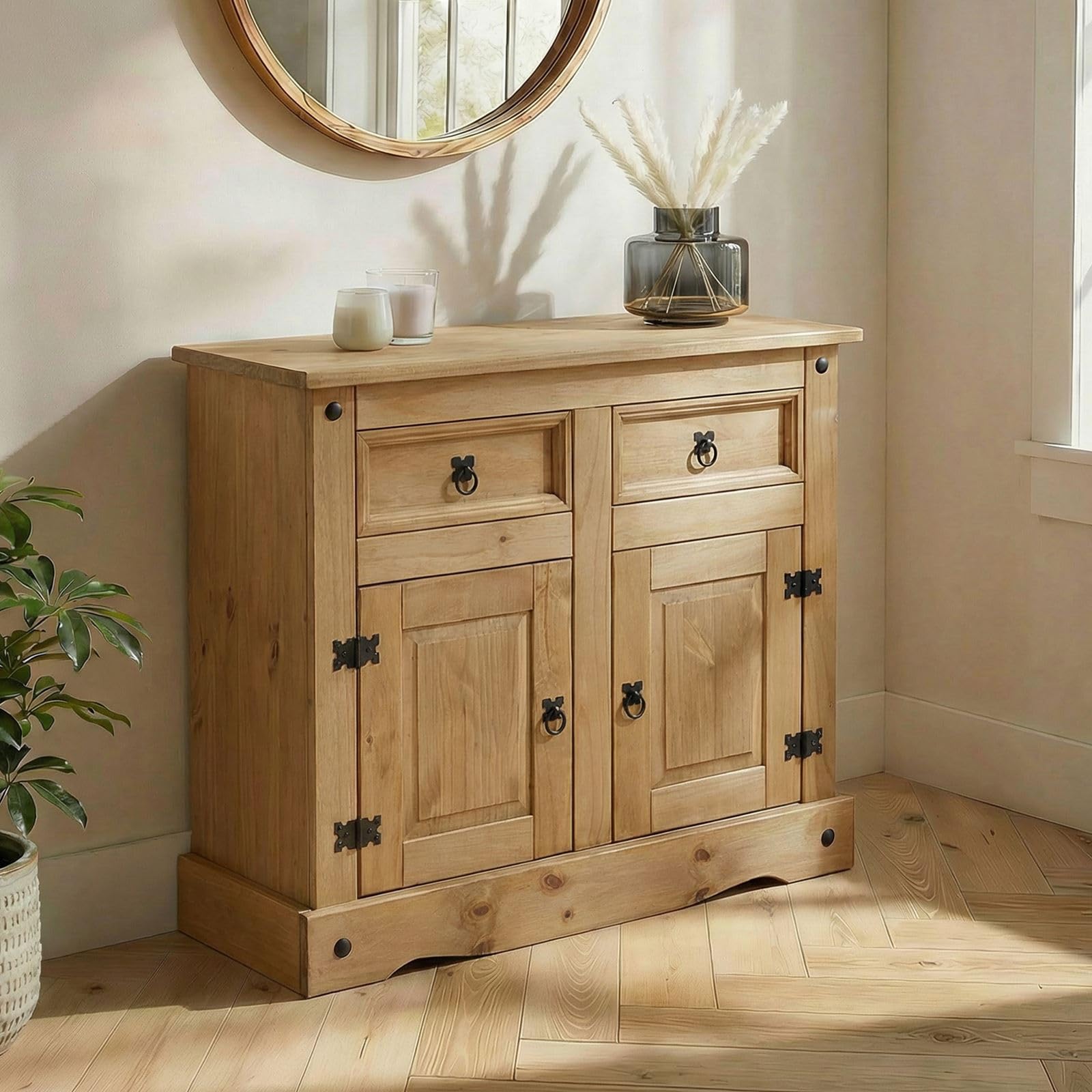 CARO-Möbel Kommode Salsa, Kommode Kiefer massiv gebeizt, mit 2 Schubladen und 2 Türen, Landhausstil, Landhaus, Buffetschrank