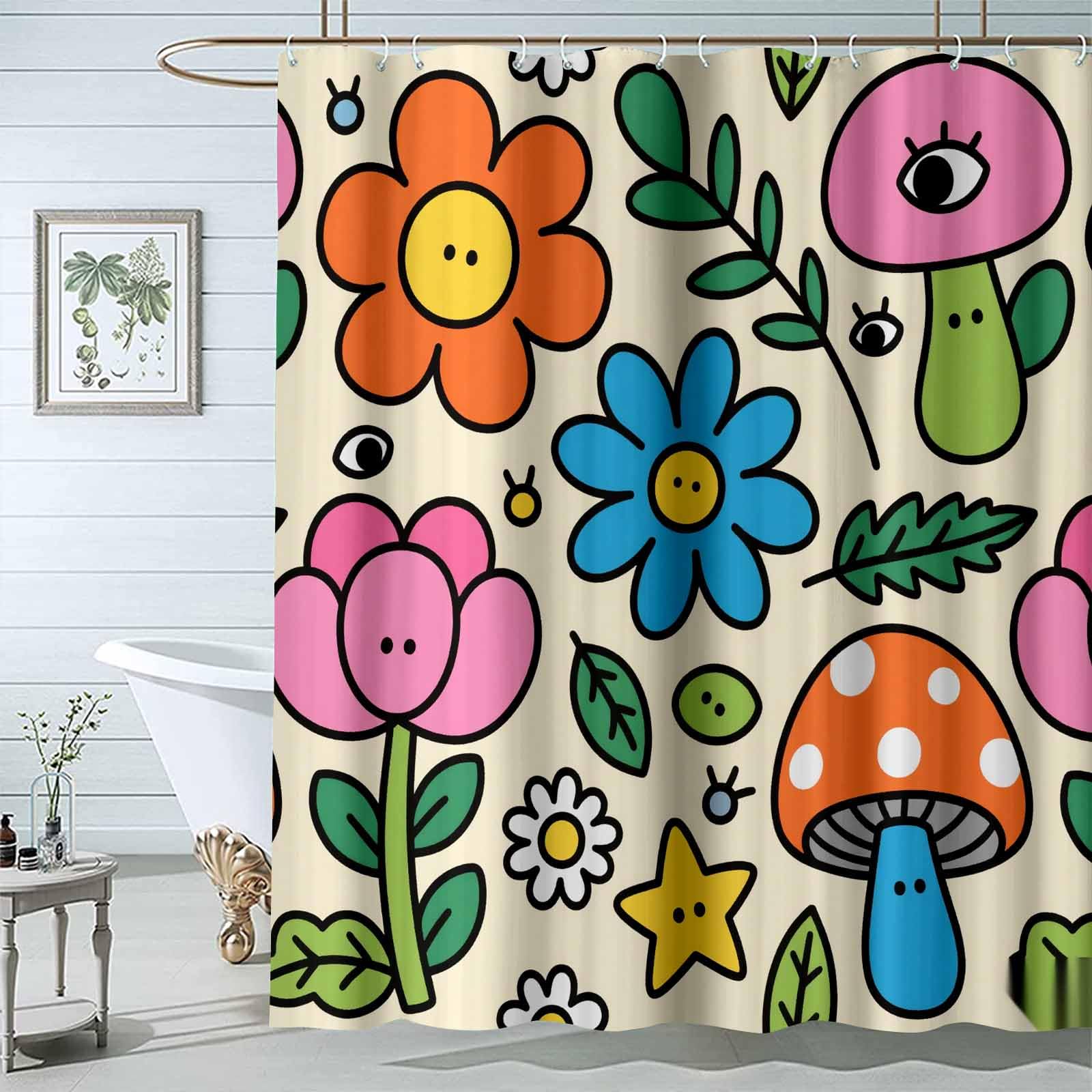 Zasłona prysznicowa, naturalne rośliny botaniczne, śliczny kwiat, grzyb, zestaw do dekoracji łazienki z haczykami, wys. 200 x szer. 220 cm