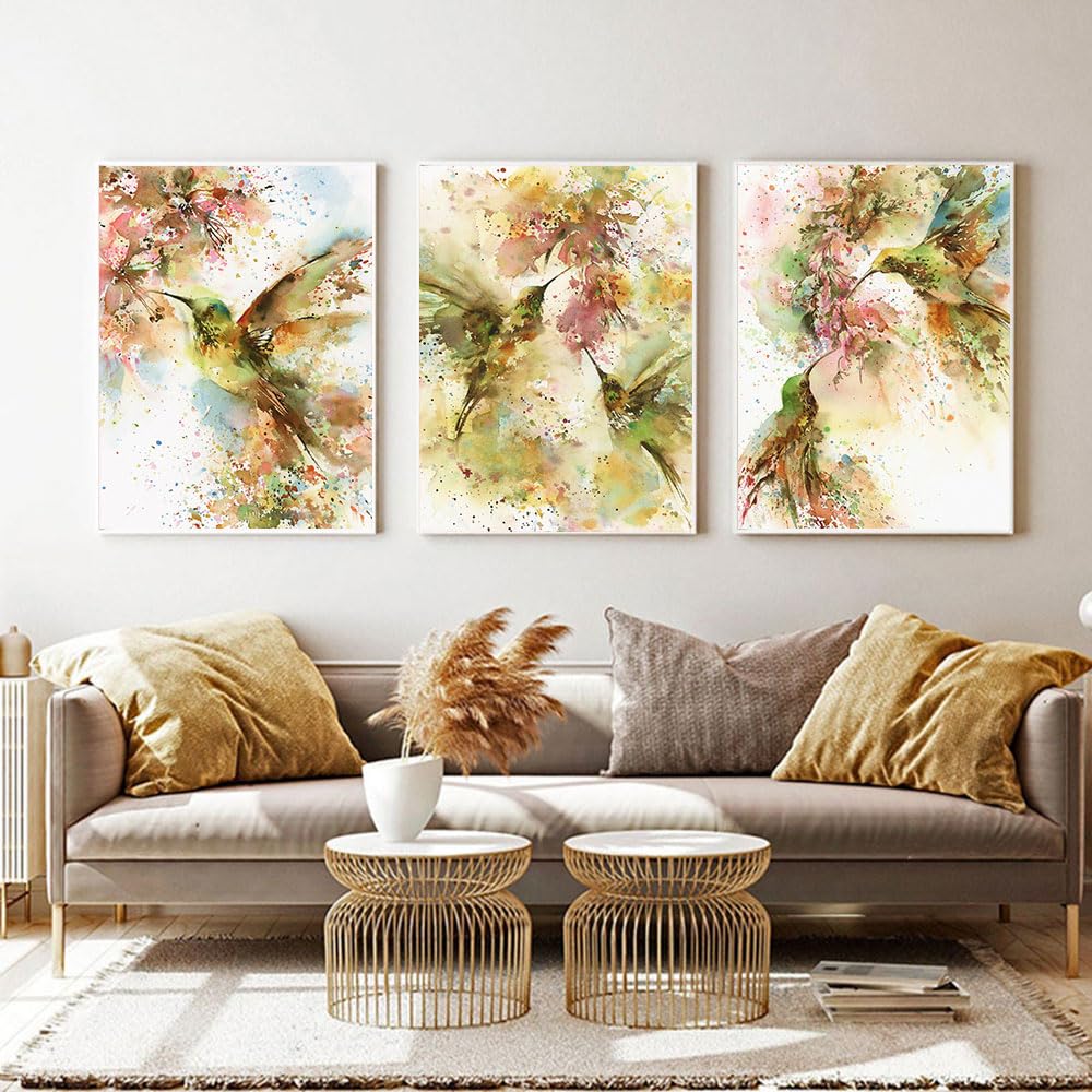 CWBLYZ Art Prints,Set of 3-Watercolor Hummingbird Poster Abstract Bird Flower Canvas Painting Bright Green Art Print Nordic Wall Picture Living Bedroom Room Decor-40 * 60cm (Unframed)