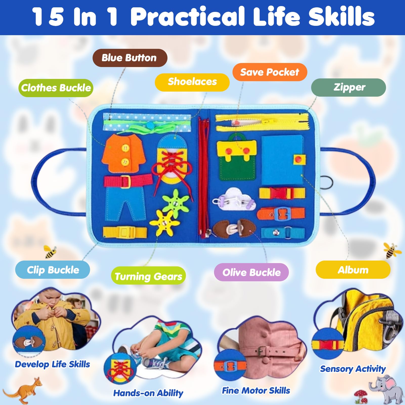 Busy Board Quiet Book Montessori per bambini, ragazzi e ragazze, giocattolo interattivo, in feltro morbido, educazione precoce, giocattolo da viaggio, regalo (blu, stile 2)