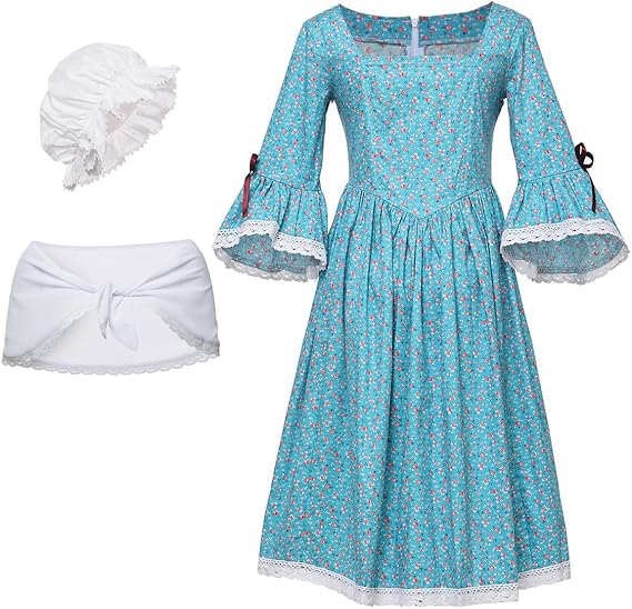 Costume Da Pioniere Vittoriano Per Bambina - Abito Floreale Con Grembiule E Cappellino, Vestito Colonial Prairie - 3