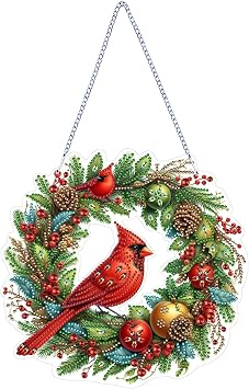 Cardinals and Christmas Wreath Diamond Art Hanging Kits for Adults, DIY Double Sided Christmas Cardinals Diamond Painting Pendant Ornament with Chain for Home Wall Window Door Decor