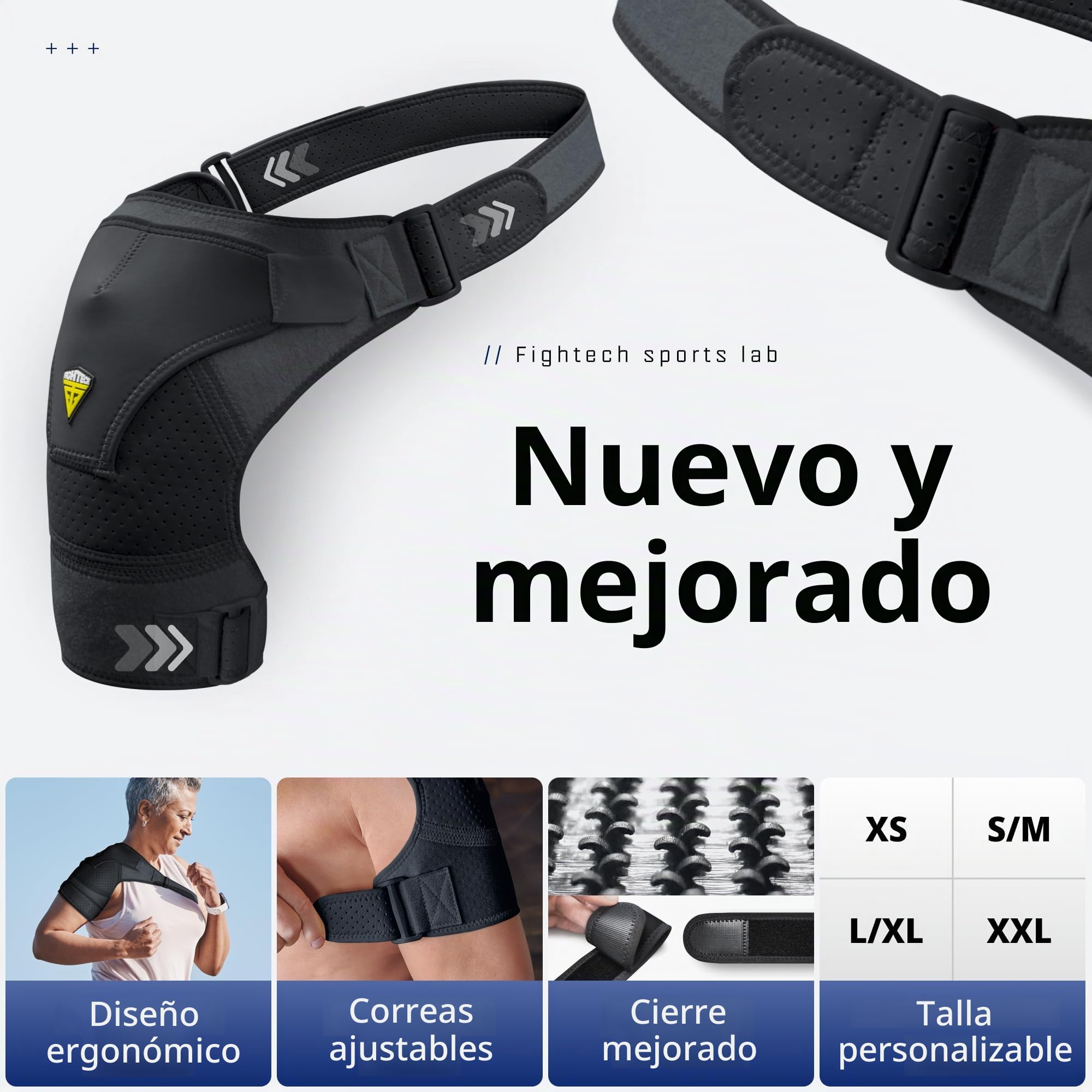 Soporte de hombro FIGHTECH para puño rotador desgarrado para hombres y mujeres – 4 tallas – apoyo y alivio del dolor (negro, L/XL)
