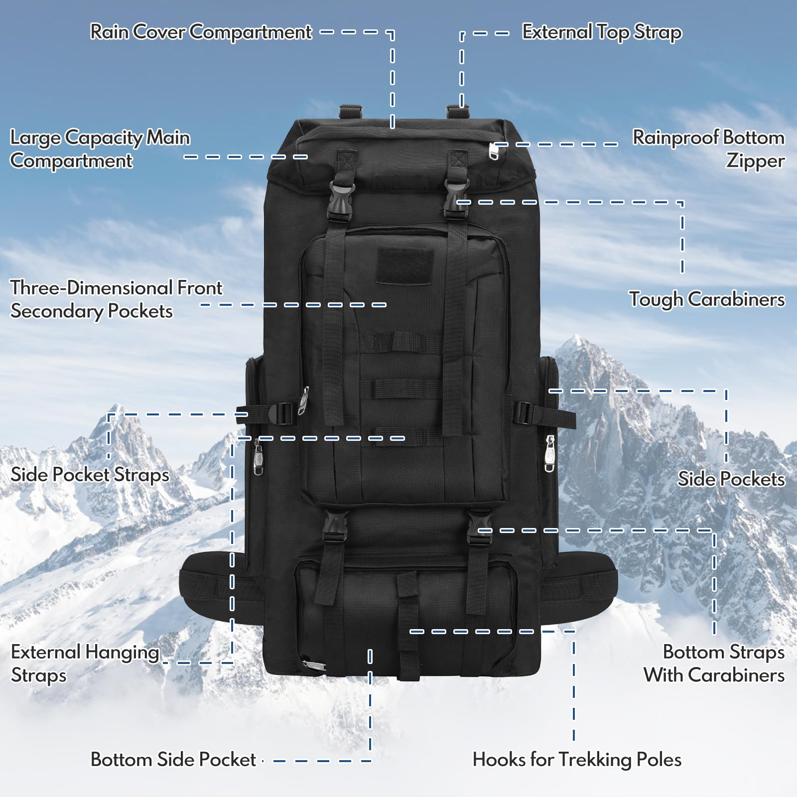Sac à Dos Trekking Camping 100L Imperméable avec Housse de Pluie pour Randonnée Voyage