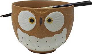 Needzo Brown Owl Noodle Bowl with Chopstick Holder for Ramen Soup or Pho, Cute Kitchen Accessory for Girls, 5 Inches