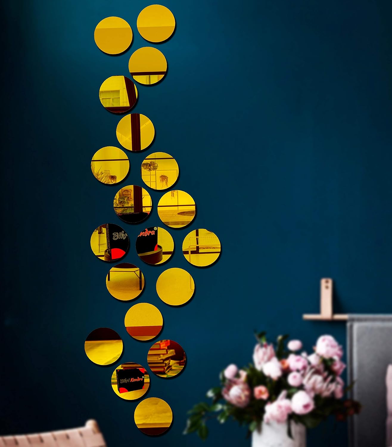 Bikri Kendra Circle 3D Acrylic Mirror Wall Stickers (Golden), Set of 19