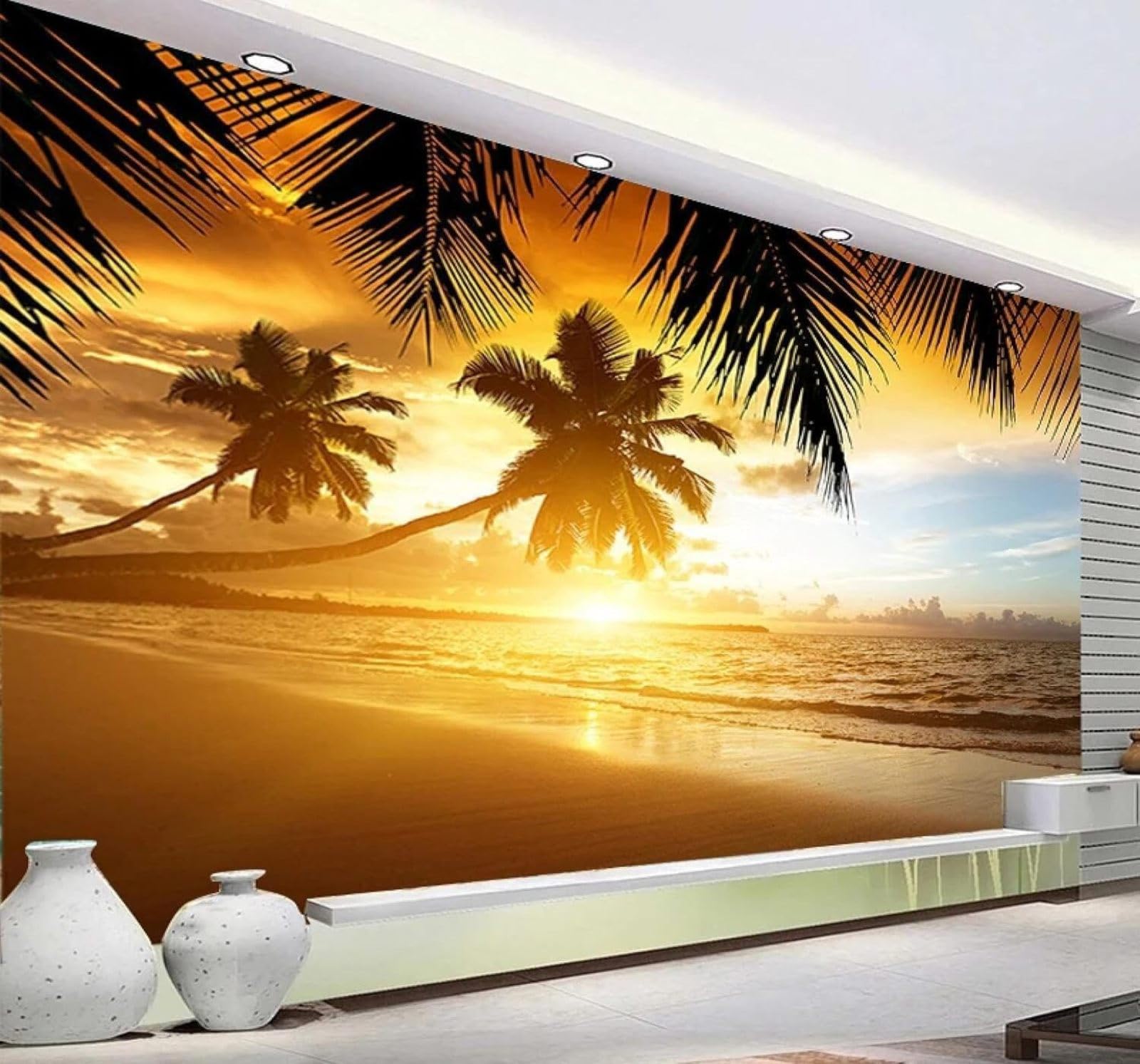 Xlming 350Cm×256Cm(B×H) Beautiful Sunset Coconut Trees Ocean Landscape 3D Wallpaper Silky Texture Home Study Office Grey Dining Room Sofa Bedroom Living Room Tv Backdrop-350Cm×256Cm