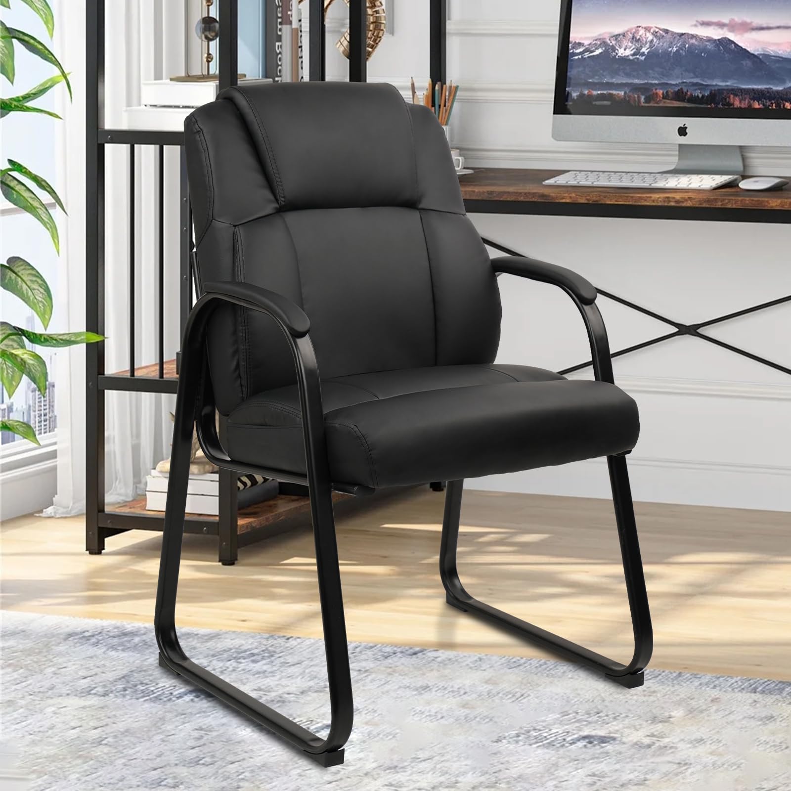 CLATINA Ergonomic Black Guest Chair with Arms - Office Reception & Conference Seating, PU Leather Meeting Chairs with Sled Base for Waiting Rooms &