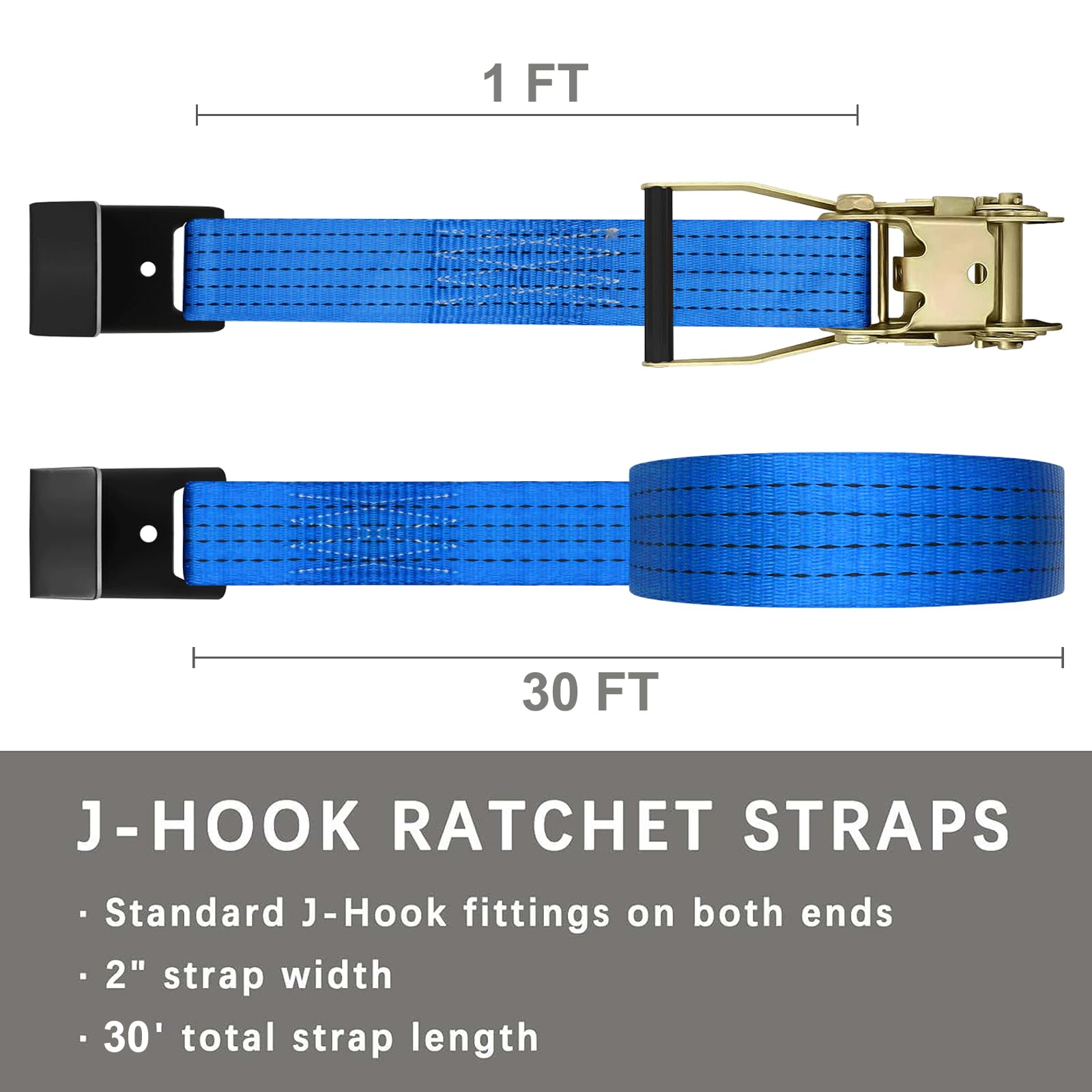 Confezione da 8 cinghie a cricchetto da 5,1 cm, resistenti, gancio piatto da 9,1 m, cinghie piatte blu per attrezzatura da legare a cricchetto carico di lavoro 2993,7 kg, lunghezza di