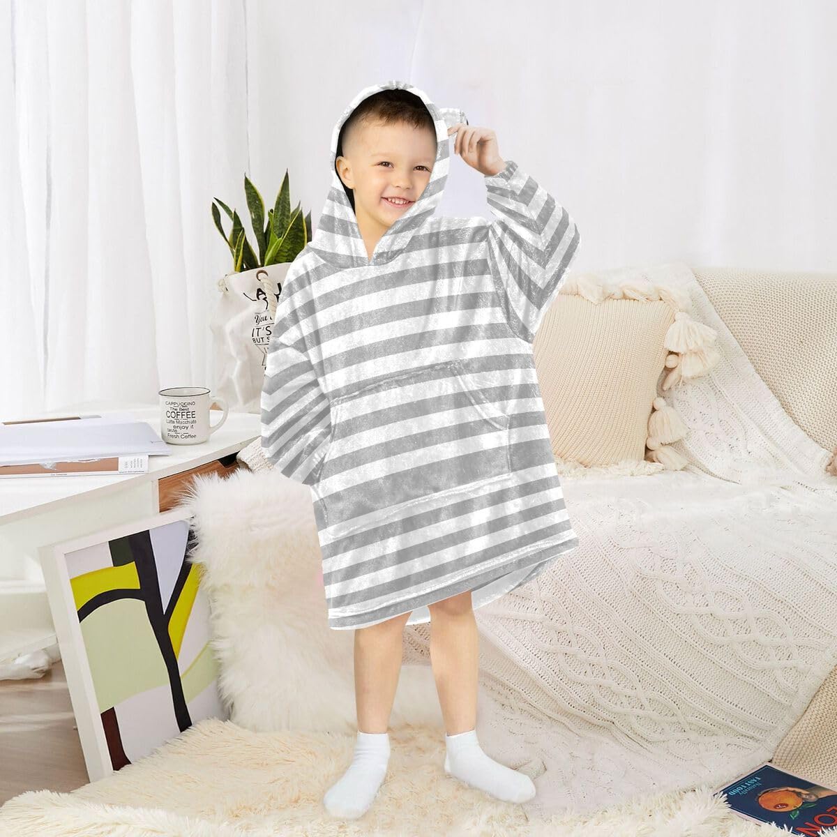 Gray Line Dziecięcy koc do noszenia z kapturem oversize bluza koc sweter w paski dla chłopców i dziewcząt w wieku 3-14 lat, multi, 150-170