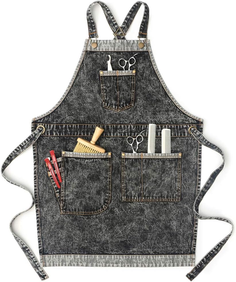 Jeanerlor - Denim Hair Stylist Tool Apron with Pockets for Women - Jean Work Apron Cross Straps & Adjustable S to M (Black)