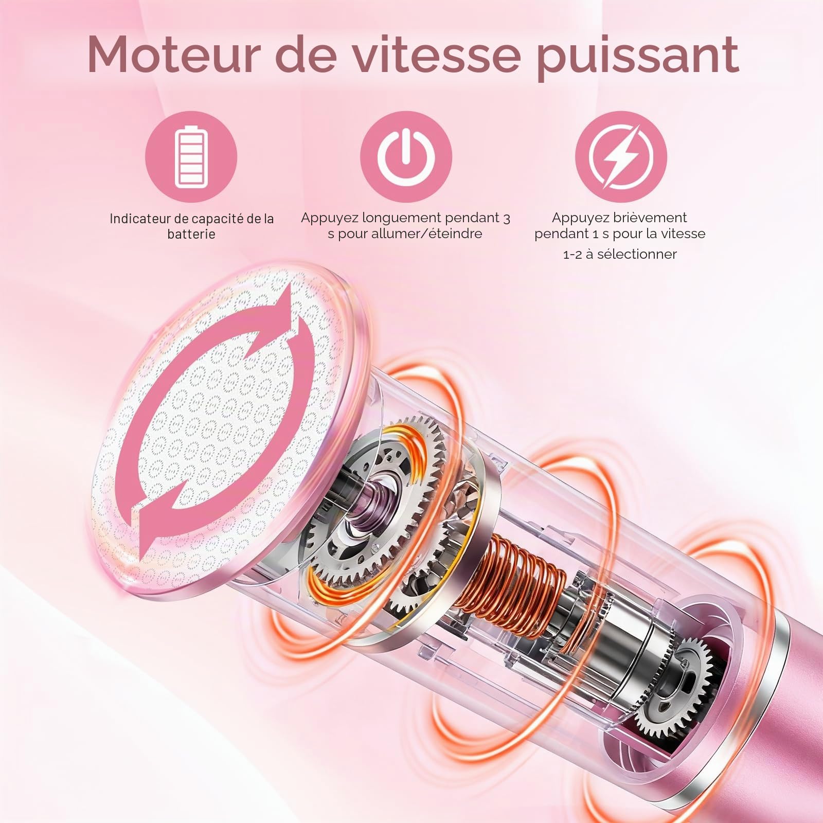 Ponceuse pour pied - Râpe électrique sans fil avec 4 embouts en verre nano - Vitesse réglable - Rape pieds pour talons fissurés, cors et callosités (Rose)