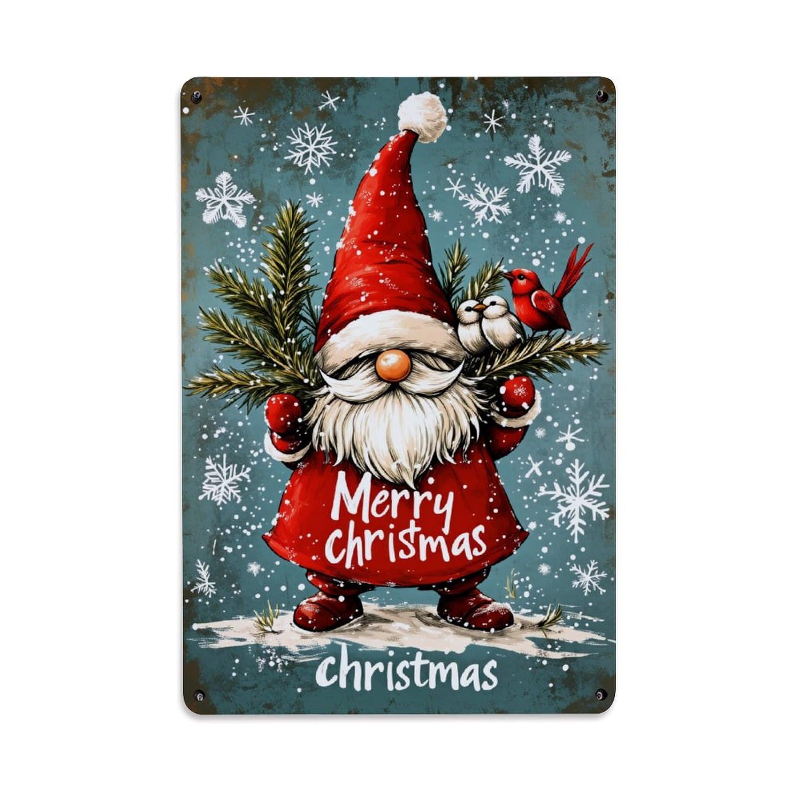 Christmas Gnome Snowflakes Birds Pine Retro Metal Tin Sign, Vintage Decor Art Poster for Bar, Home, Man Cave, Kitchen, Laundry Room Gift 8x12Inch
