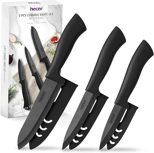 hecef Keramikmesser Set 3-teilig Schwarz, Küchenmesser Set mit Hülle