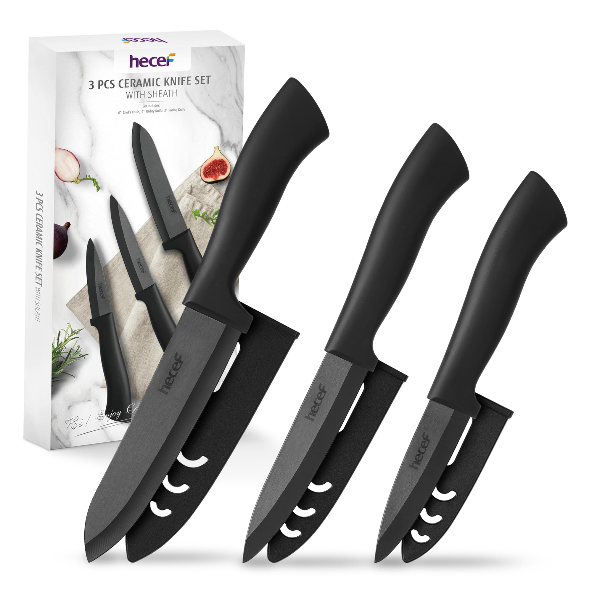 Hecef Set De 3 Couteaux Céramique Noir - Couteau Chef, Office Et Fruits, Lame Zirconium Anti-Rouille
