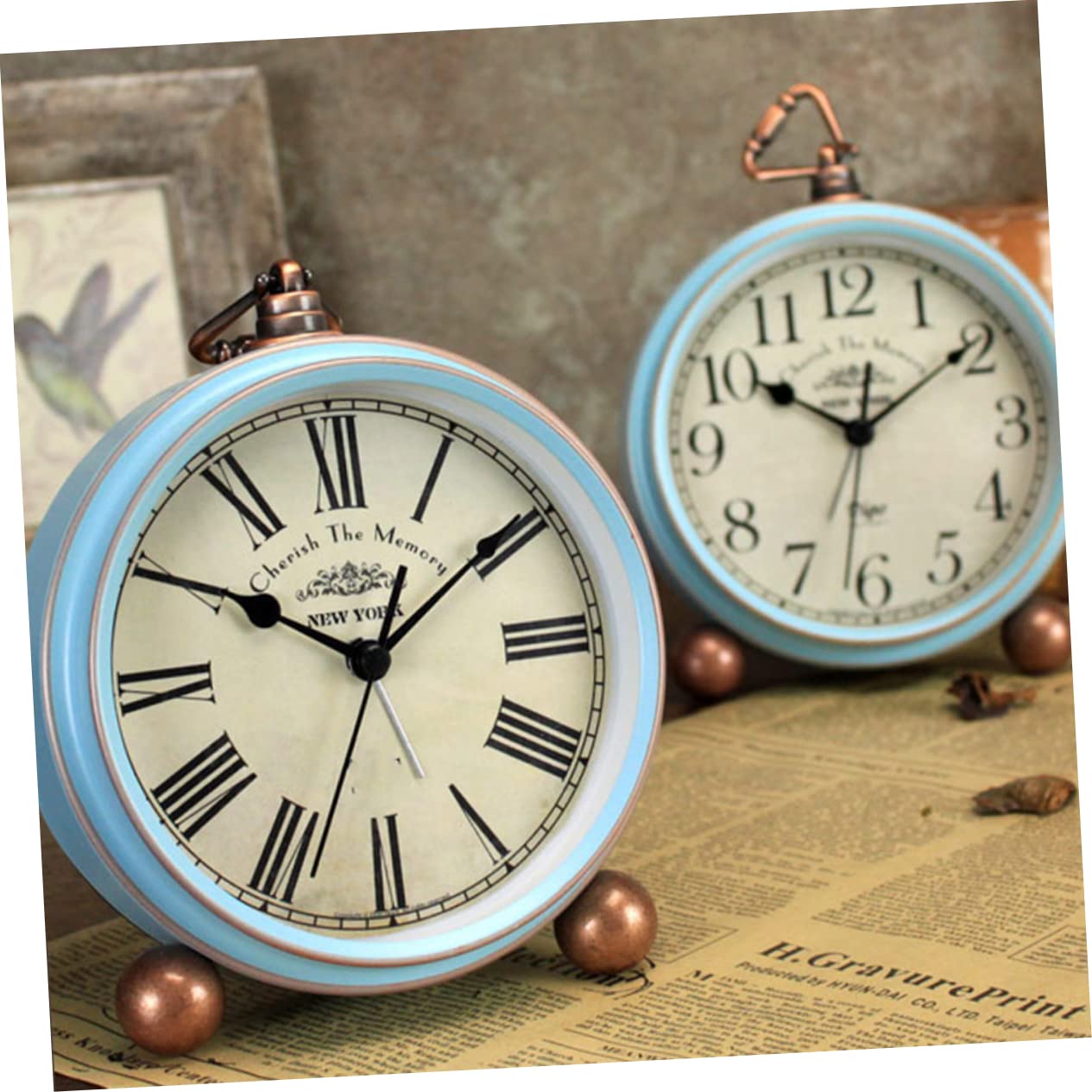 Reloj Despertador Retro Vintage Azul de Mesa de Metal para Escritorio