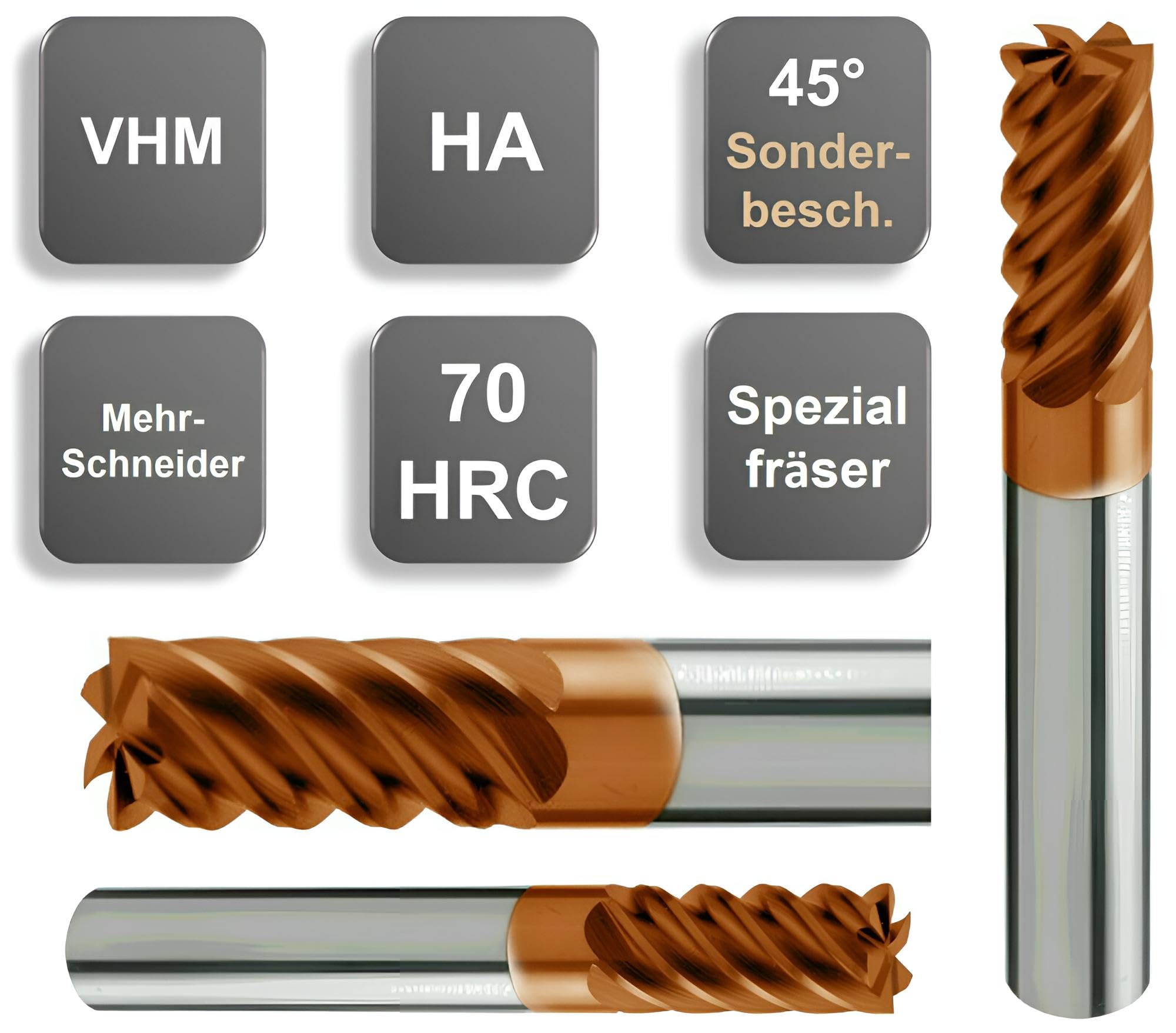 VHM-Spezial-Schaftfräser 45°, Z=6, Fräser mit Beschichtung, Mehrschneider bis 70 HRC (10,0 x 22 x 73 - d2=10 mm)