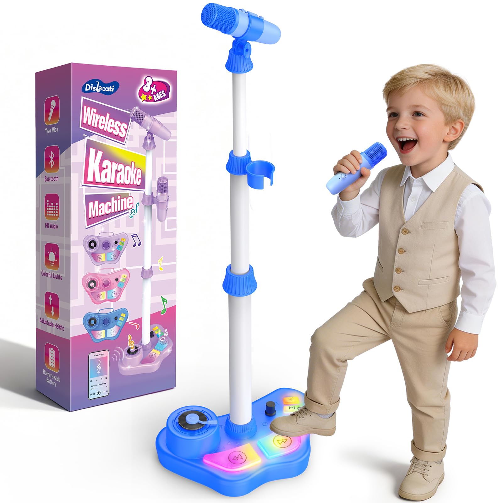 Dislocati Toys for 3-12 Year Old Boy, Karaoke Machine 2 Microphones for Kids Boys Toys Age 3 4 5 6 7 8 9 10 11 Year Old Boys Birthday Gifts Bluetooth Speaker with Stand and LED Lights