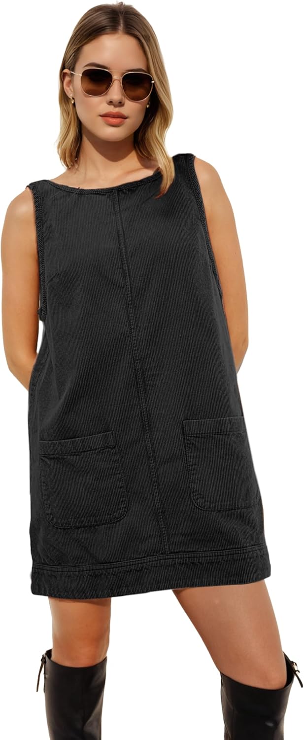 Womens Corduroy Overalls Dress Crewneck Cored Low Open Back Skirtall Jumper Mini Dress Pinafore with Pockets,Black,2X - Image 3