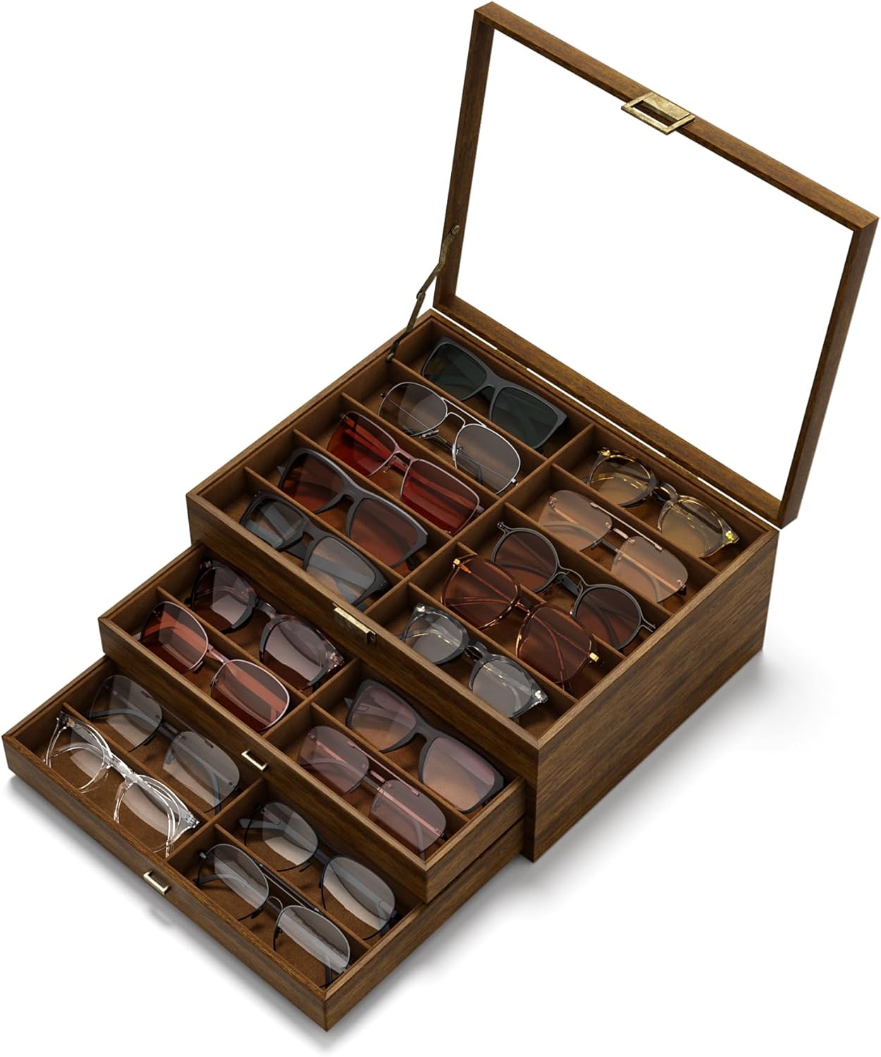 NEWLOOP 10/20/30 Wooden Sunglass Organizer for Multiple Pairs of Eyeglass Wide Display Case Storage Box for Women Men