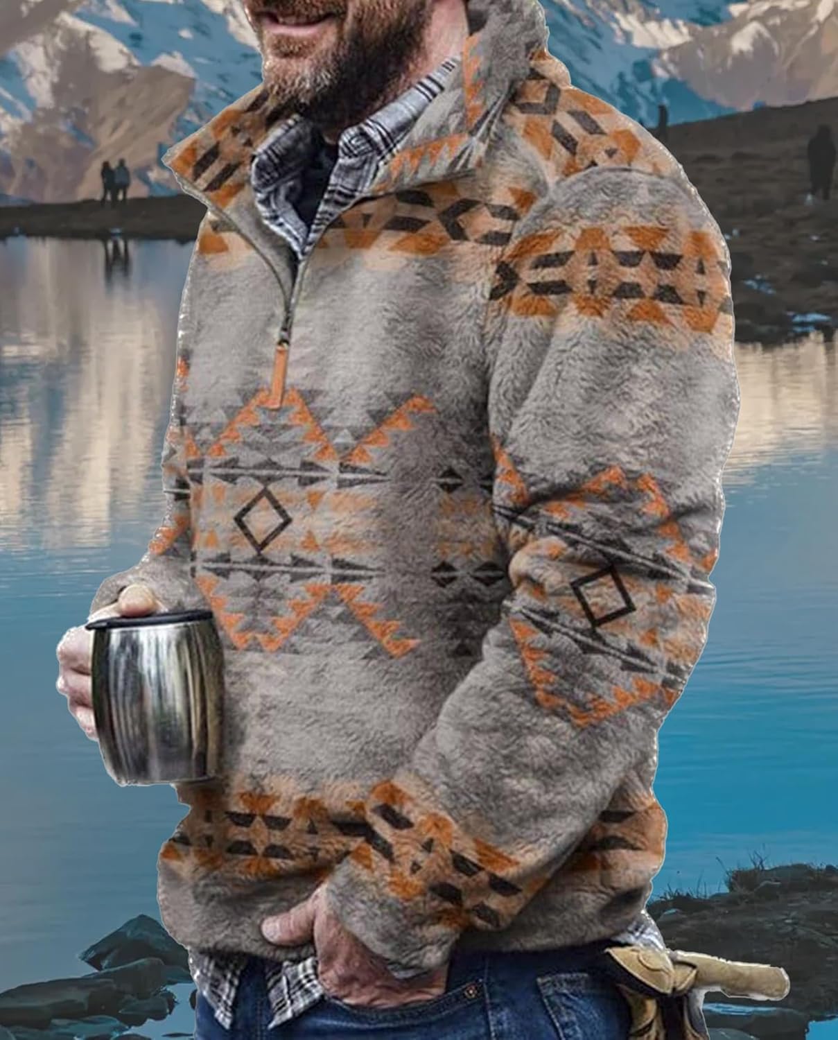 Western Sweatshirts for Men Aztec Fleece Pullover Sweatshirts Mens Vintage Print Fuzzy Sweatshirt - Image 2