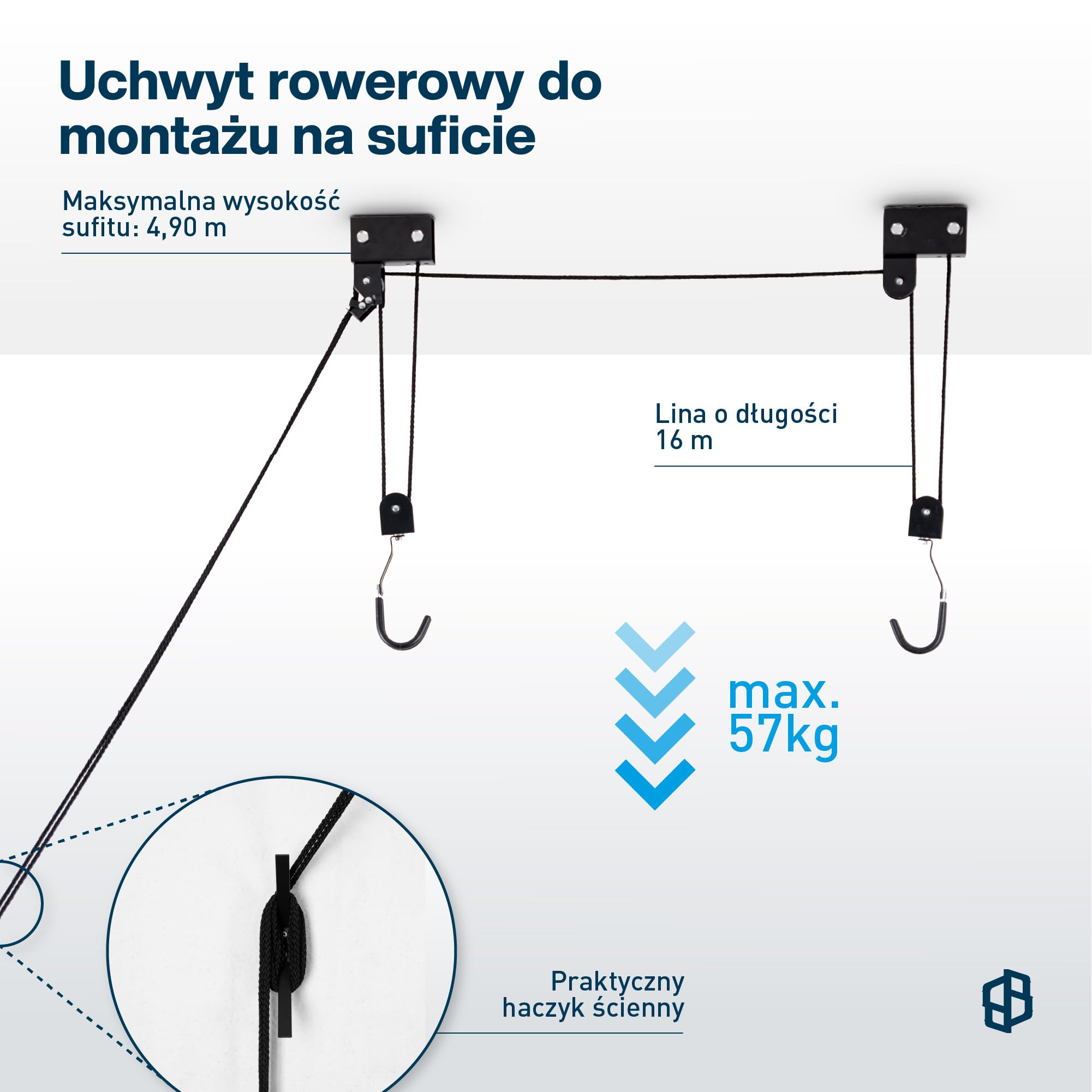 Uchwyt rowerowy do garażu z kołem pasowym, uchwyt ścienny do roweru, bagażnika dachowego, kanu itp. | Zawieszenie "Louis Lift" by Bike Broz | 70002