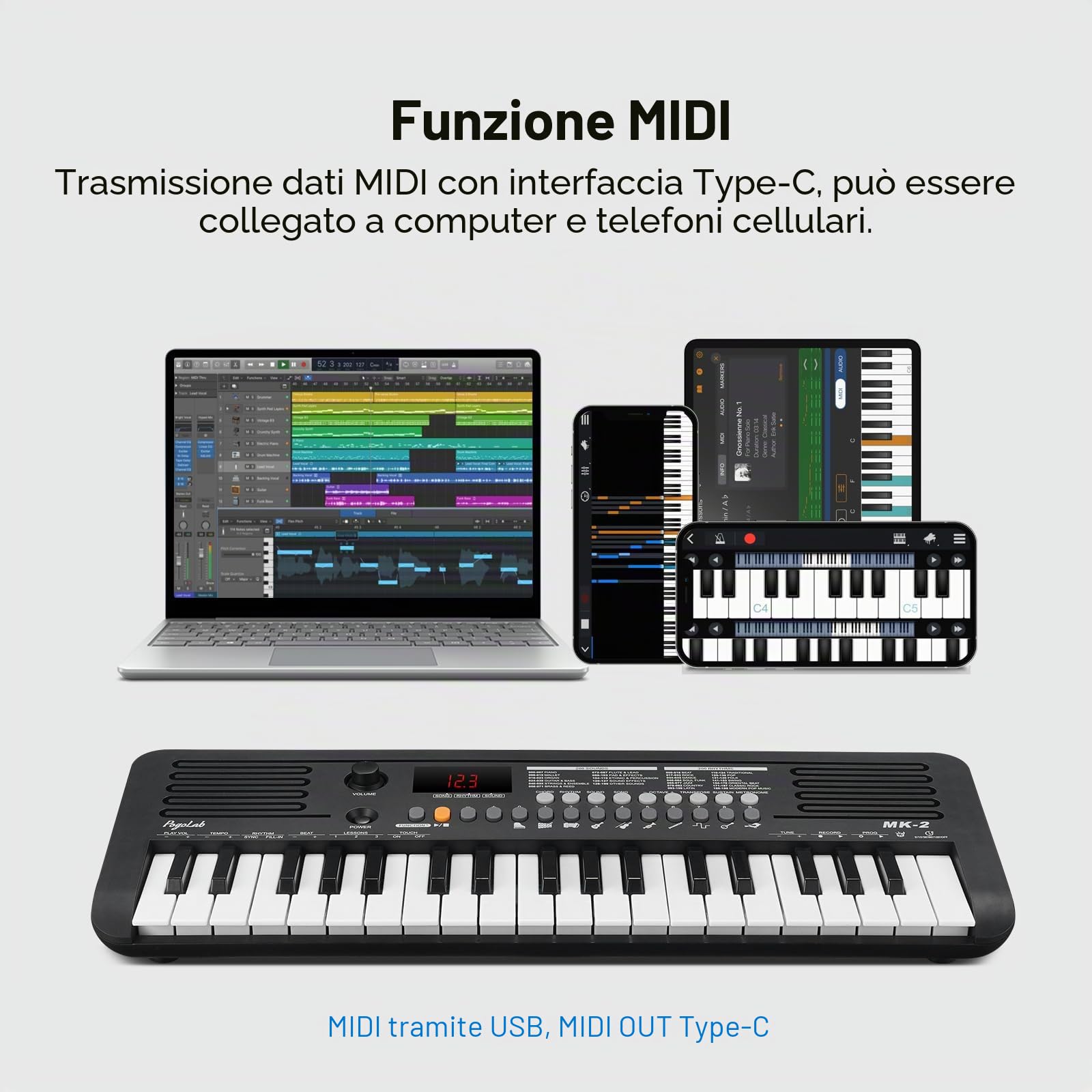 POGOLAB Mini Pianoforte Digitale, Pianoforte per Bambini con 37 Tasti, 40 Canzoni, 200 Suoni, 200 Ritmi, Tastiera Pianoforte con Uscita MIDI, Digital Keyboard Portatile (19,3x7,3x1,9 Pollici)(nero)