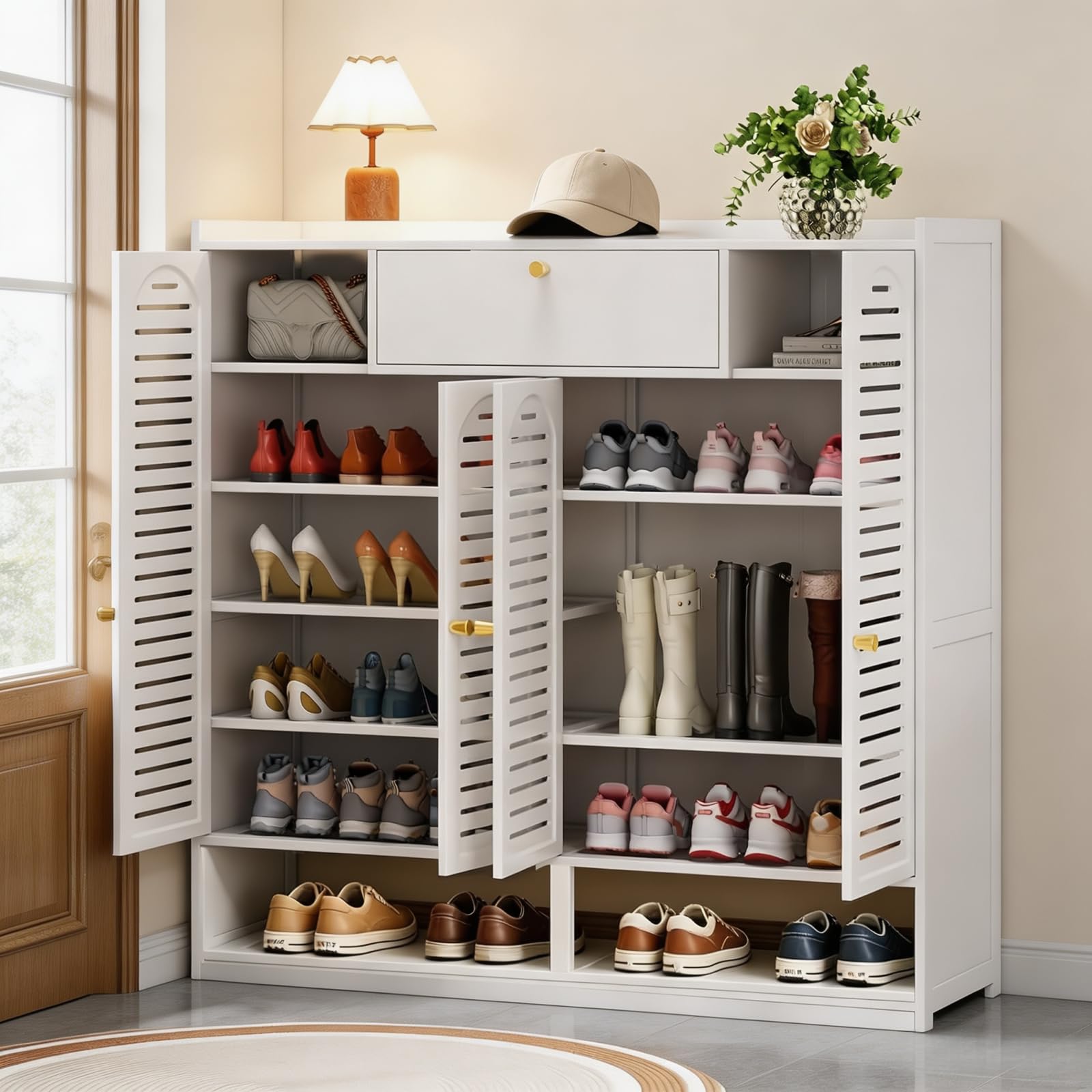 Shoe Cabinet with Louvered Doors, Freestanding Entryway Shoe Storage Cabinet with Drawer & Open Compartment, Modern Bamboo Shoe Rack Organizer with Thickened Adjustable Shelves for Closet
