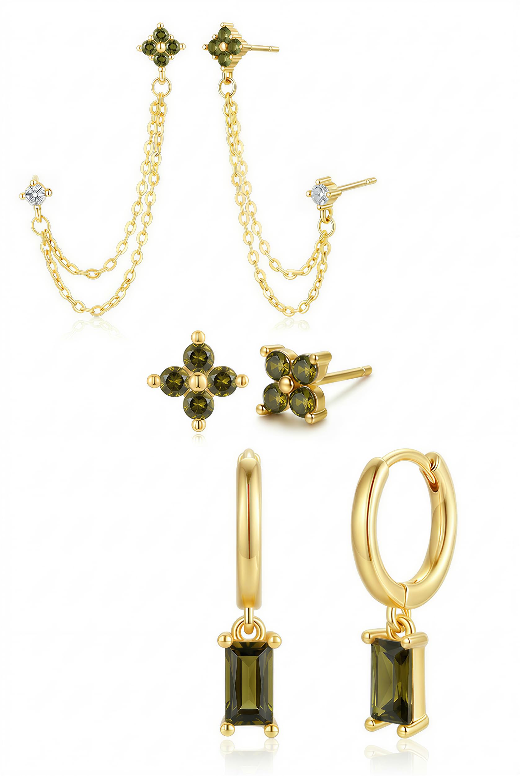 Gold Chain Stud Earrings for Women Trendy Minimalist 14K Gold Small Huggie Hoop Birthstone Earring Sets for Multiple Piercing Hypoallergenic Earring