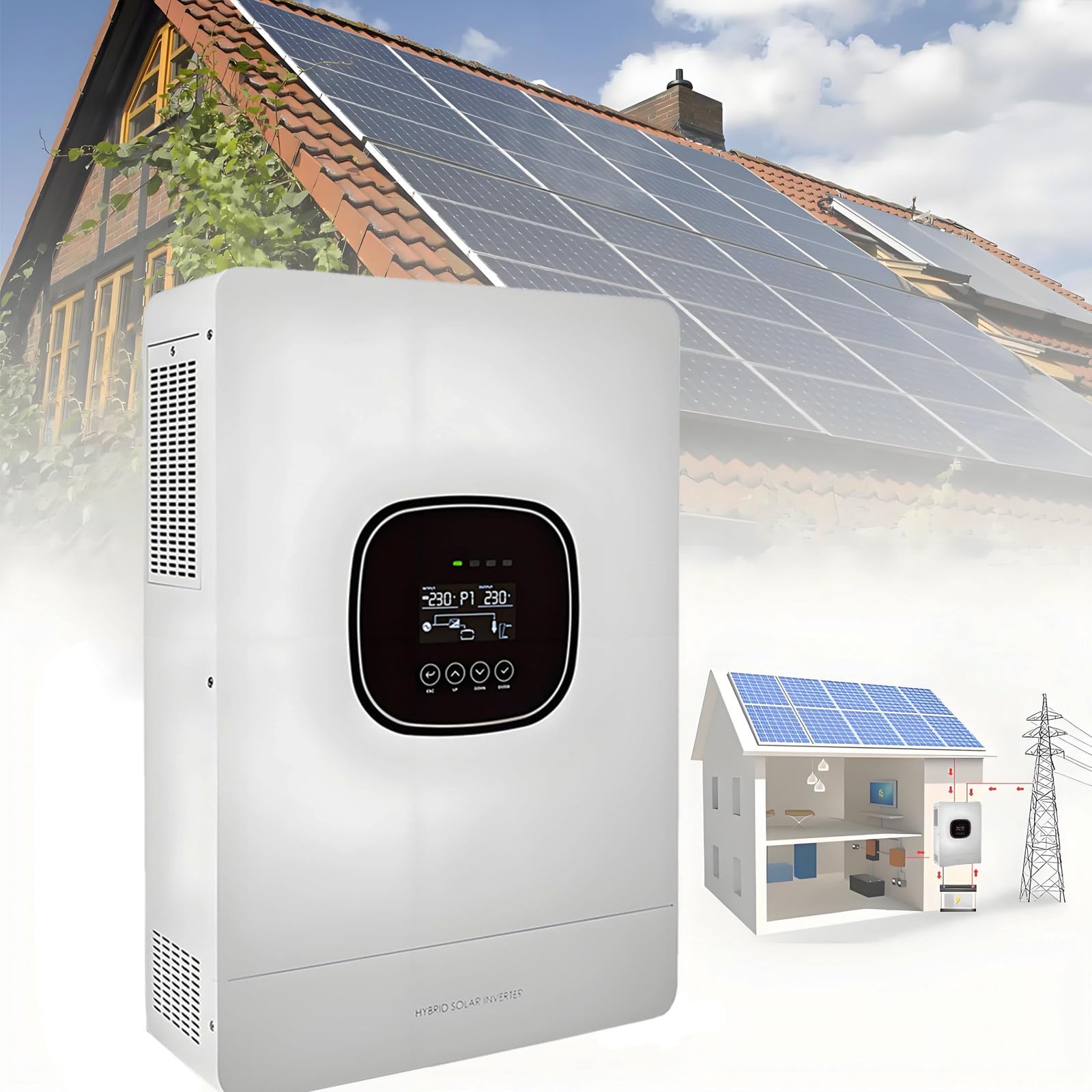 Inverter Ibrido di Nuova Generazione,Inverter Solare 3600W,24VDC a 220VAC,Potenza PV Massima 5000W in Ingresso,con Regolatore di Carica Solare MPPT 100A,Funzione UPS a Commutazione Automatica