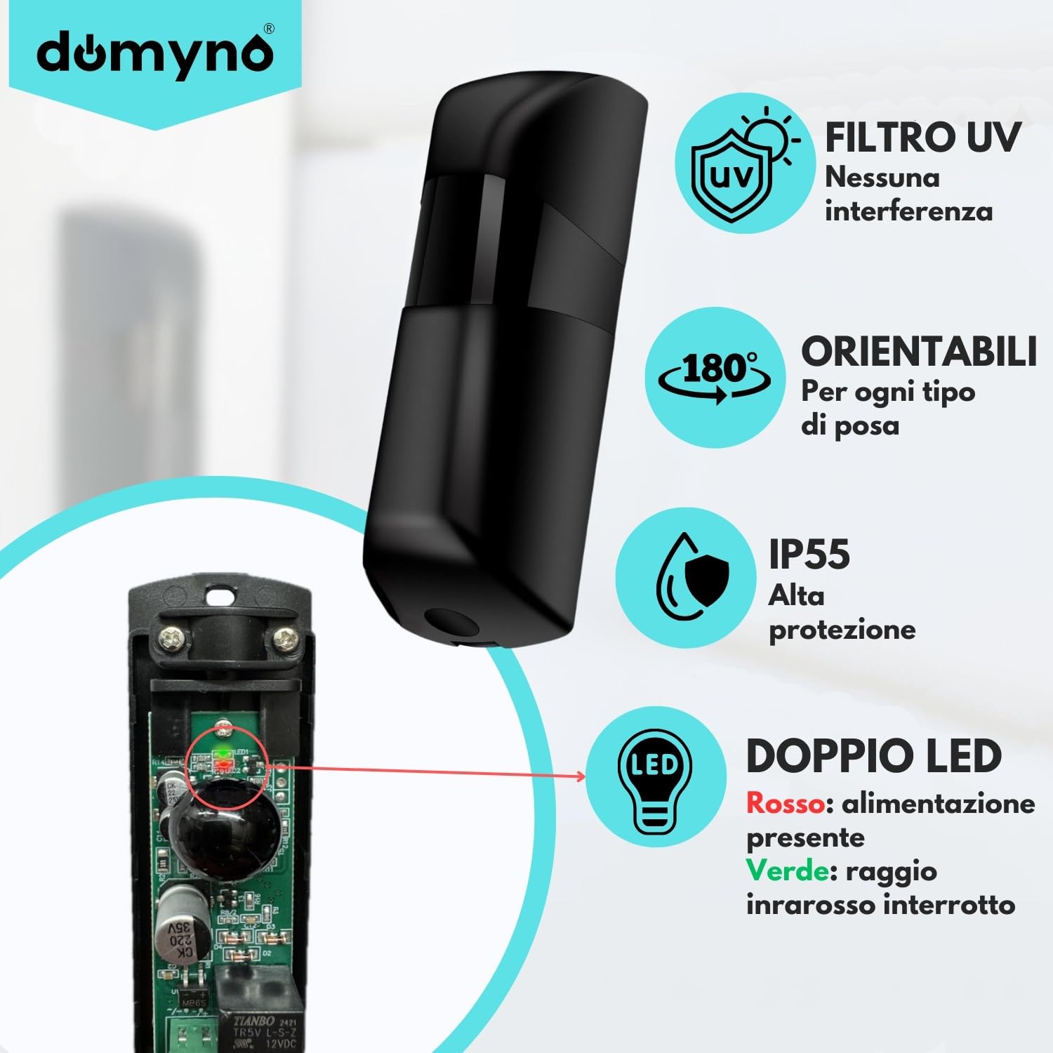 domyno Coppia di Fotocellule a Infrarossi Universali per Cancello Garage Sensore Esterno porta Automatica 12V / 24V AC DC