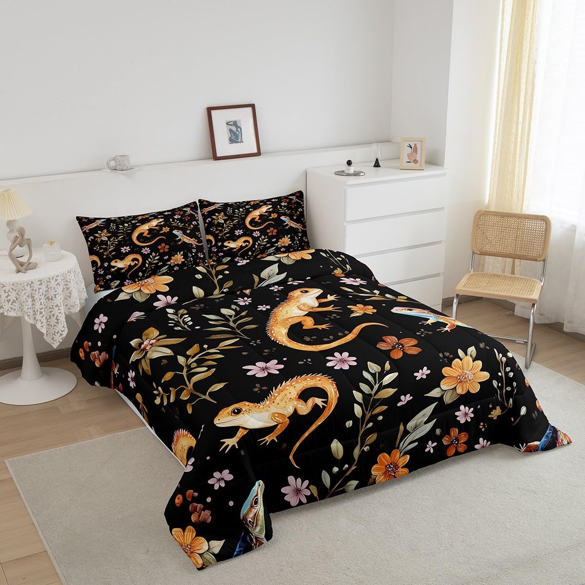 jejeloiu Bearded Dragon Comforter Set Kids Lizard Bedding Set Queen Size Nature Wild Animal Comforter for Boys Girls Bearded Dragon Lover Room Decor Wildlife Bed Set with 1 Comforter, 2 Pillow Case