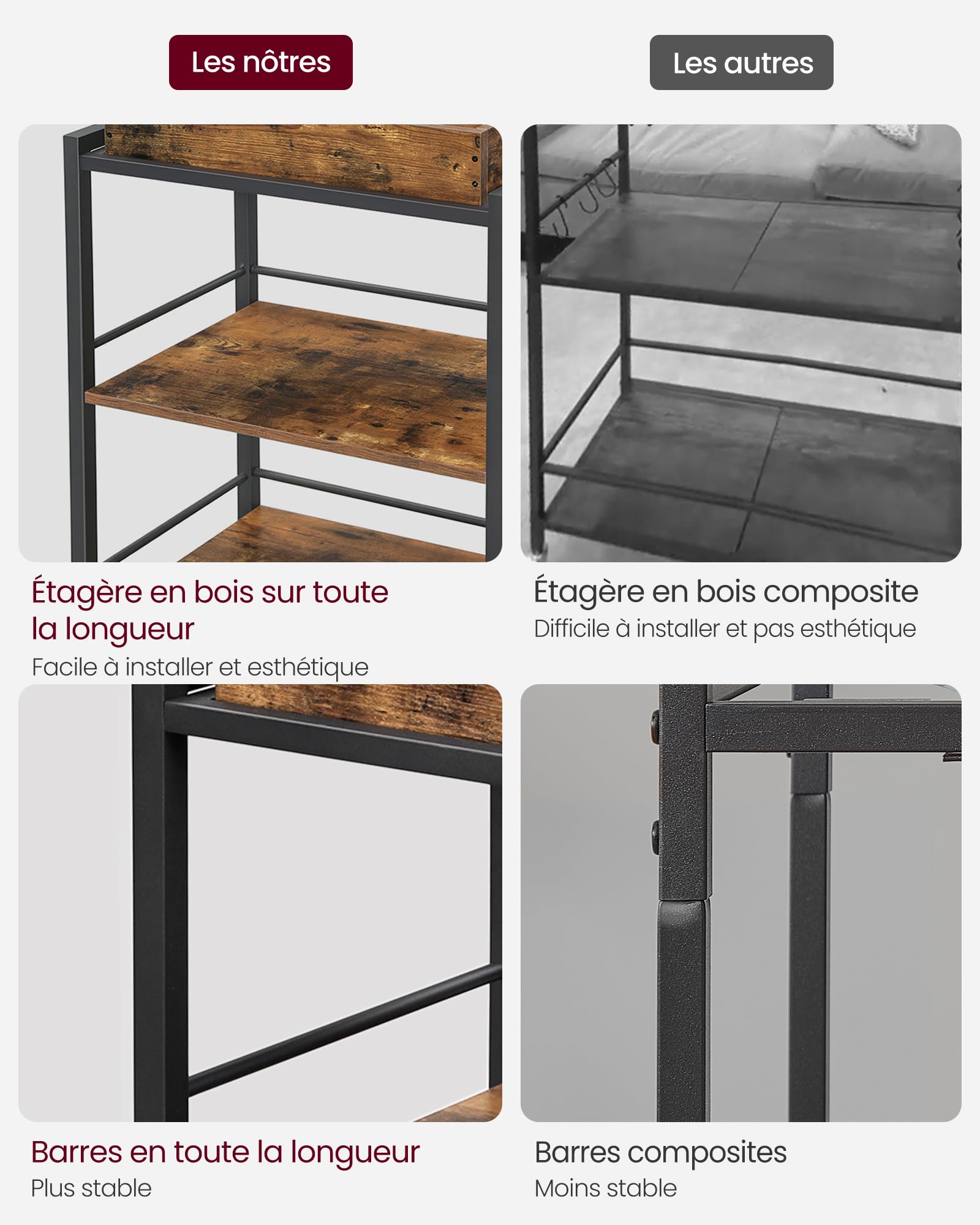 VASAGLE Desserte de Style Industriel, Chariot de Cuisine, avec Plateau Amovible, avec Pieds RÉglables et roulettes, ÉtagÈre, Cadre en Acier, 40 x 72 x 86 cm, Marron Rustique et Noir LRC72X