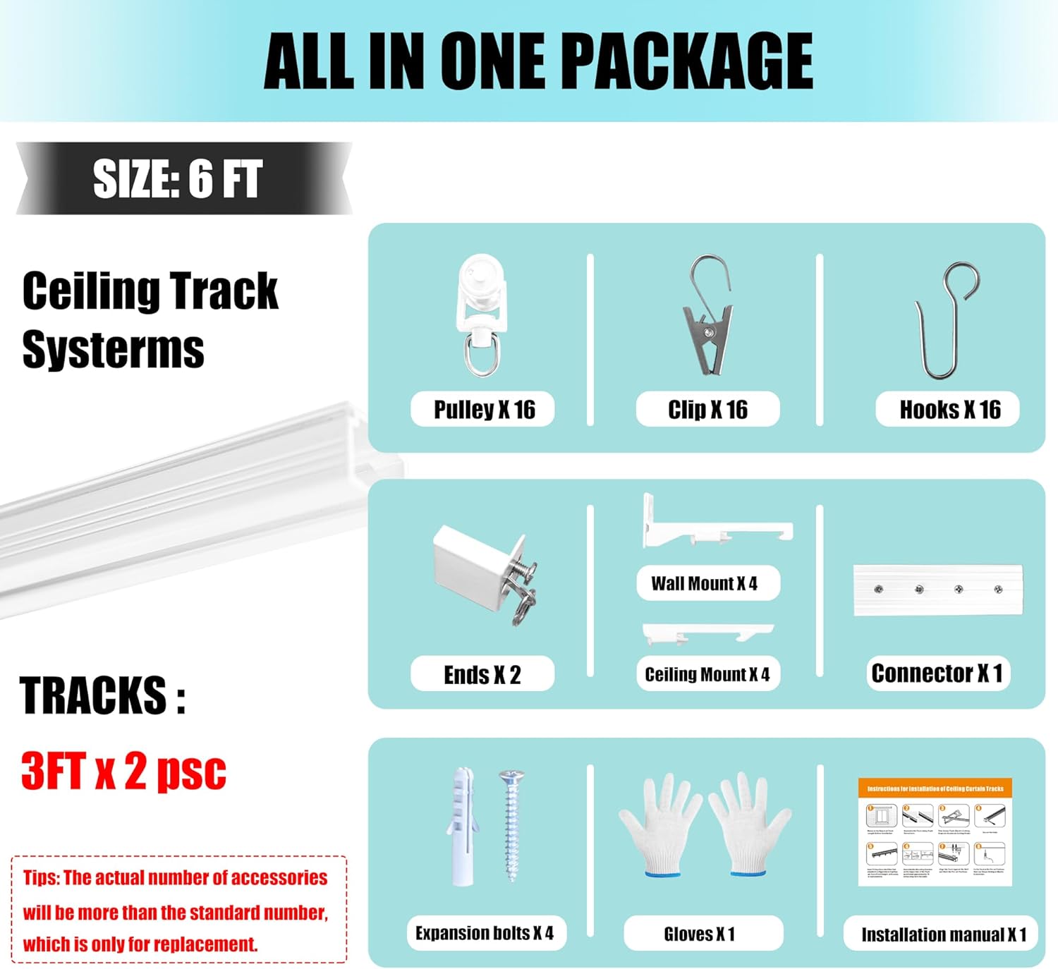 Ceiling Curtain Track, Ceiling Wall Mount Room Divider Curtains Track Rods Heavy Duty Ceiling Track Curtain Rail, RV Ceiling Track for Curtains with Rollers Hooks Clips for 3-6ft, White