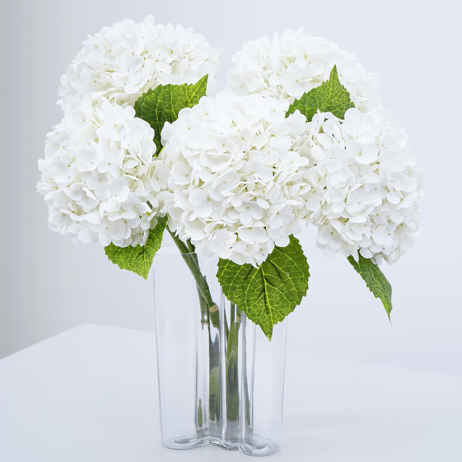 Waipfaru 21" Real Touch White Hydrangea Artificial Flowers with Long Stem & Leaves, Full Latex Faux Hydrangea Flowers for Home Decor Party Floral Arrangements Wedding Bouquets Centerpieces, 5Pcs White 5pcs