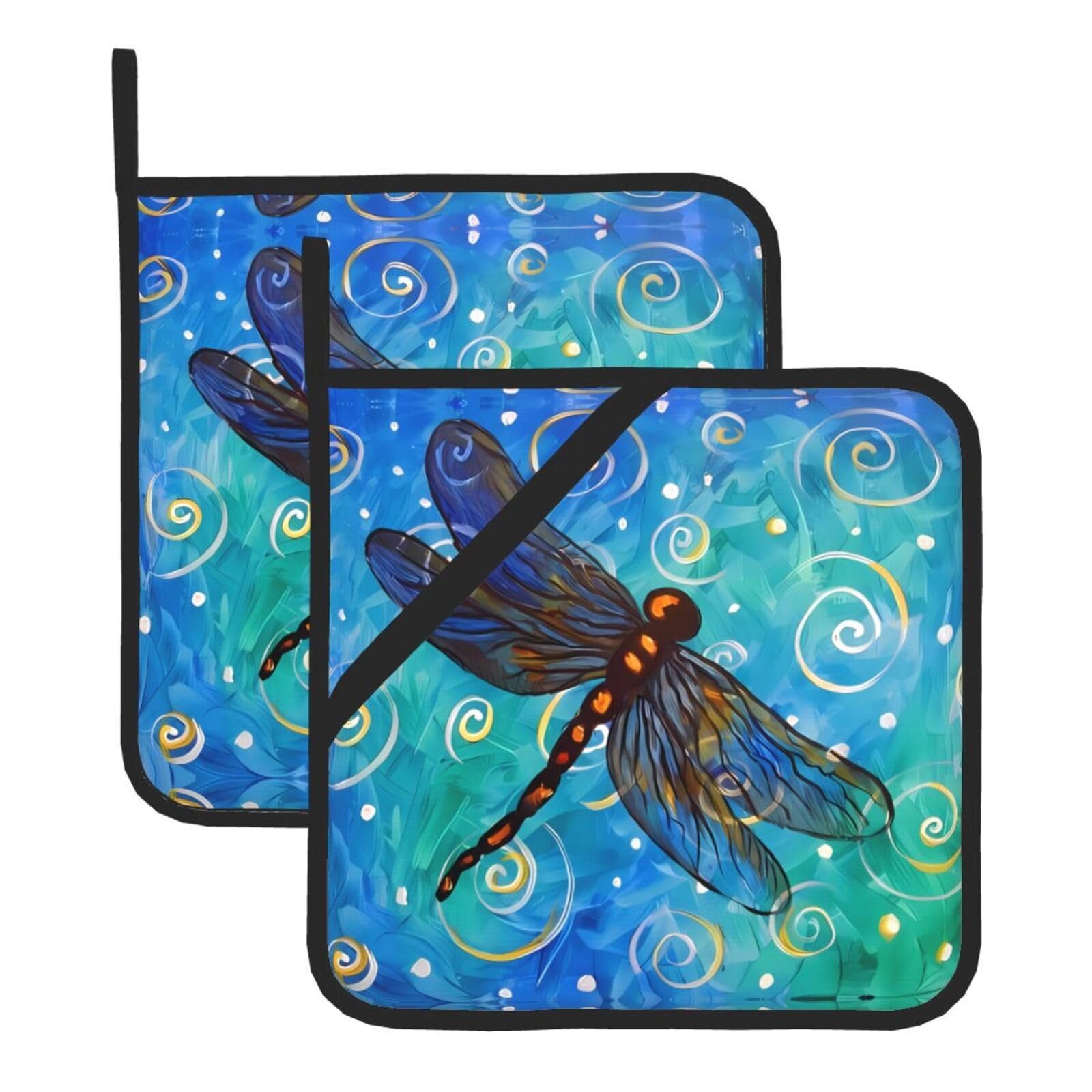WHJDPP Blue dragonfly Prints Square Hot Pads for Kitchen Counter - Waterproof Pot Holders Set of 2, Heat Resistant Trivets with Pocket & Hanging Loop for Serving, Oven & BBQ