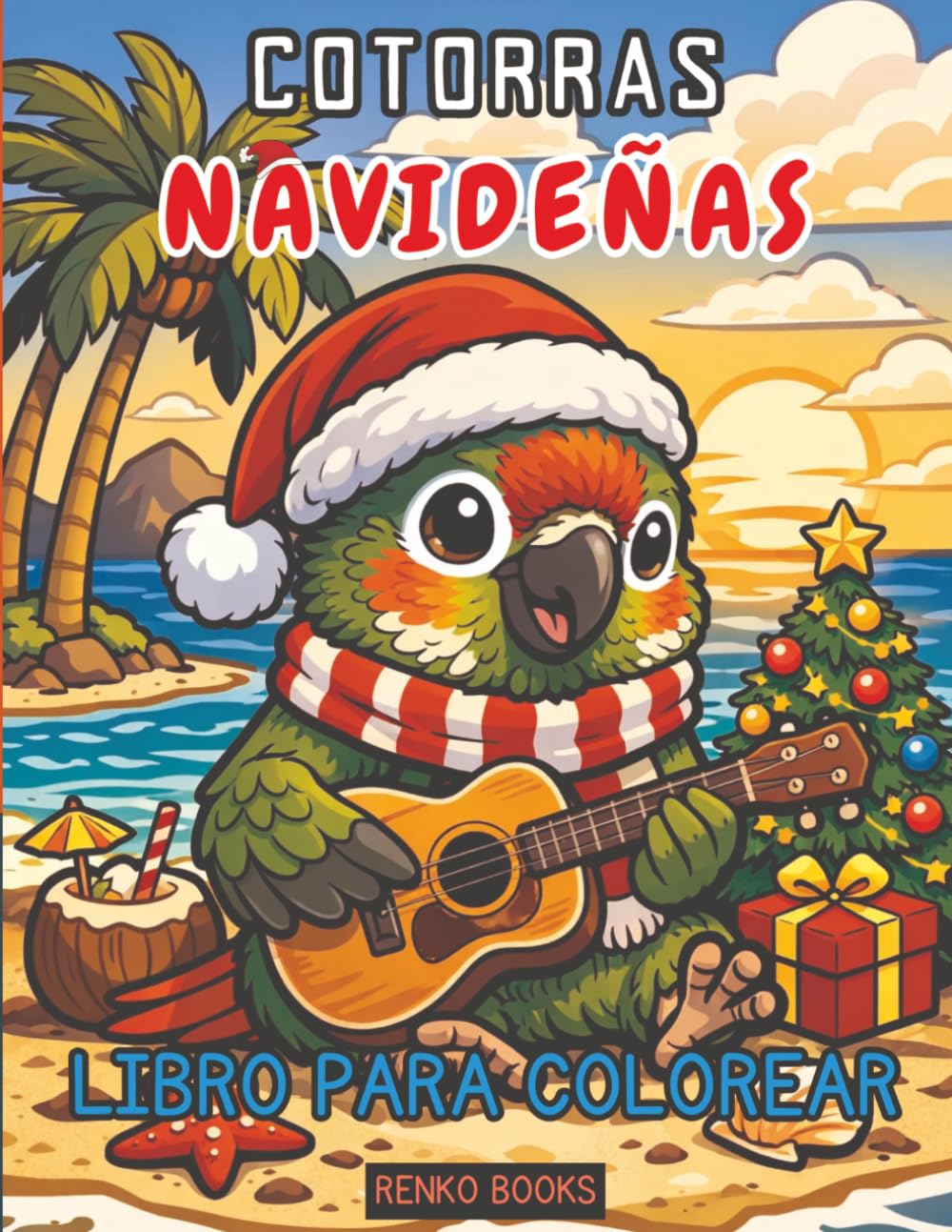Libro para colorear de cotorras de Navidad: Escenas festivas de loros, aves invernales acogedoras, adornos, calcetines navideños, luces, perchas ... para niños, adolescentes y adultos.